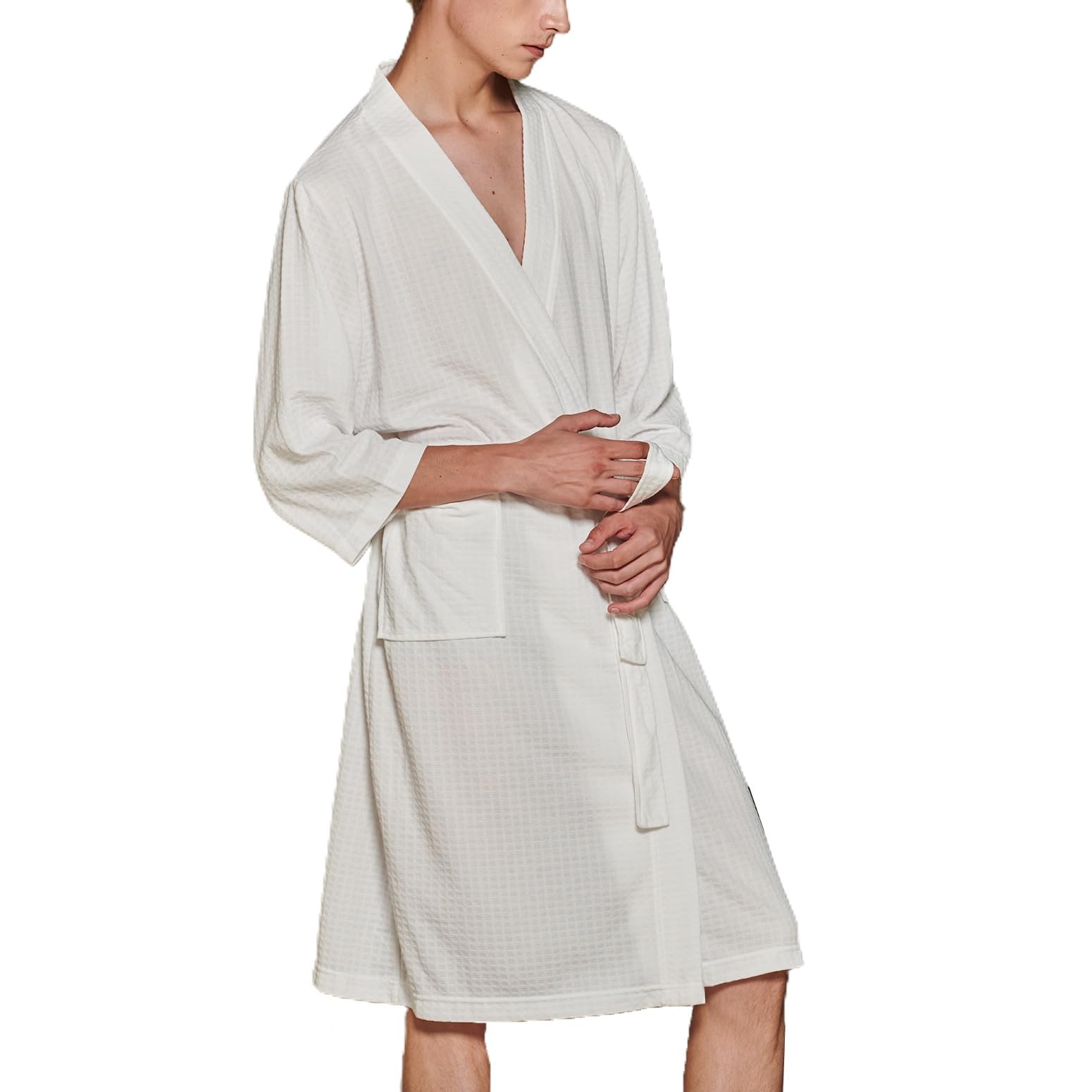 Lu's Chic Men's Waffle Kimono Bathrobe - Lightweight Short Knee-Length Robe with Pockets for Spa, Lounge & Beach Cover-Up