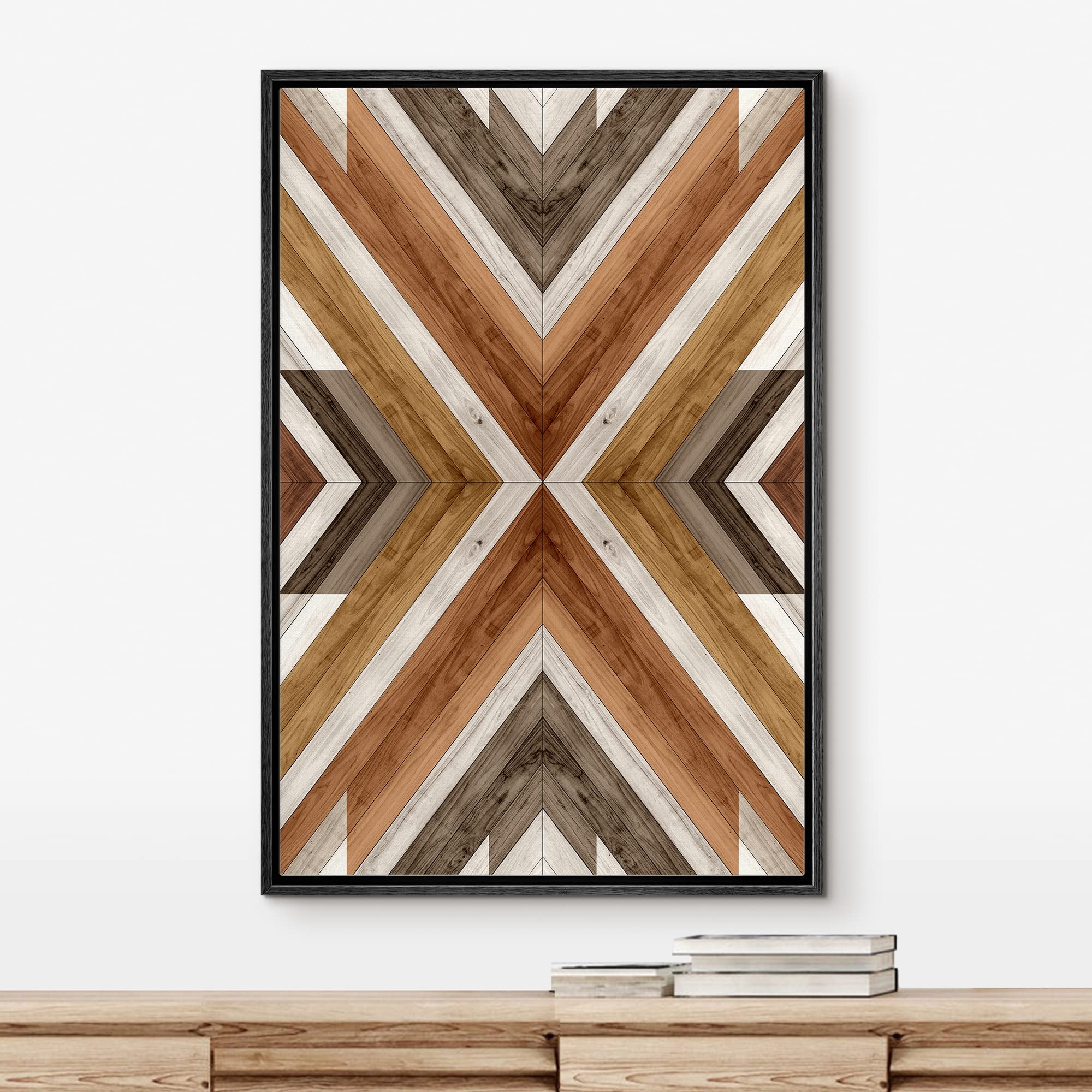 IDEA4WALL Framed Canvas Print Wall Art - Western Tribal Wood Panel Pattern, Abstract Landscape Shapes, Modern Nordic Minimal Boho Decor for Living Room, Bedroom, Office - 16