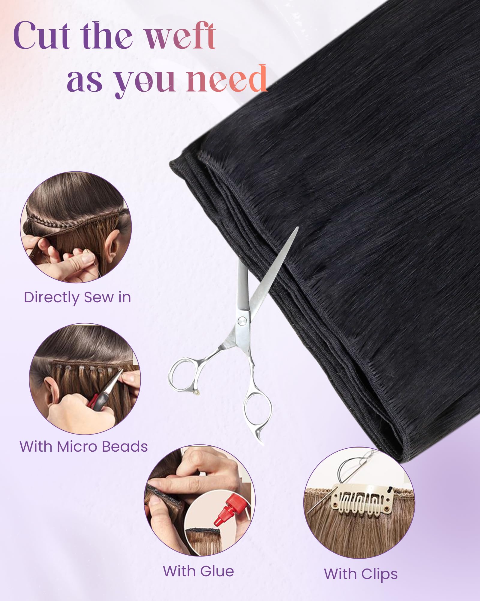 LaaVoo 14 Inch 80g Sew-in Human Hair Extensions - 100% Real Jet Black Straight Hair Weft for Black Women | Perfect for Daily Wear, Special Occasions & Styling