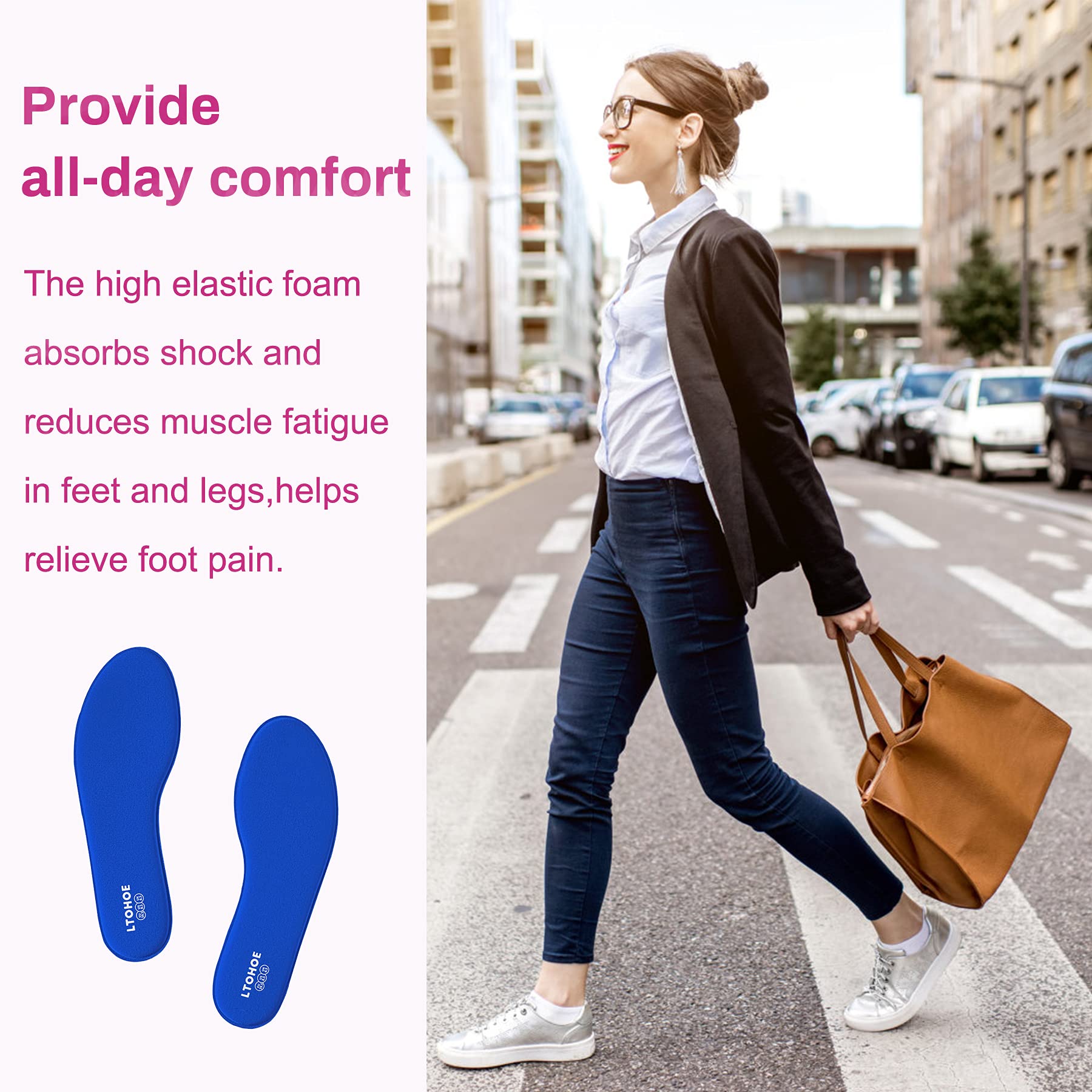 LTOHOE Women's Memory Foam Shoe Insoles - 8mm Cushioned Orthotic Inserts for Running, Hiking & Sneakers - Shock Absorbing Foot Pain Relief & Comfort Support - Navy US Size 7 - Perfect for Active Lifestyles & All-Day Wear