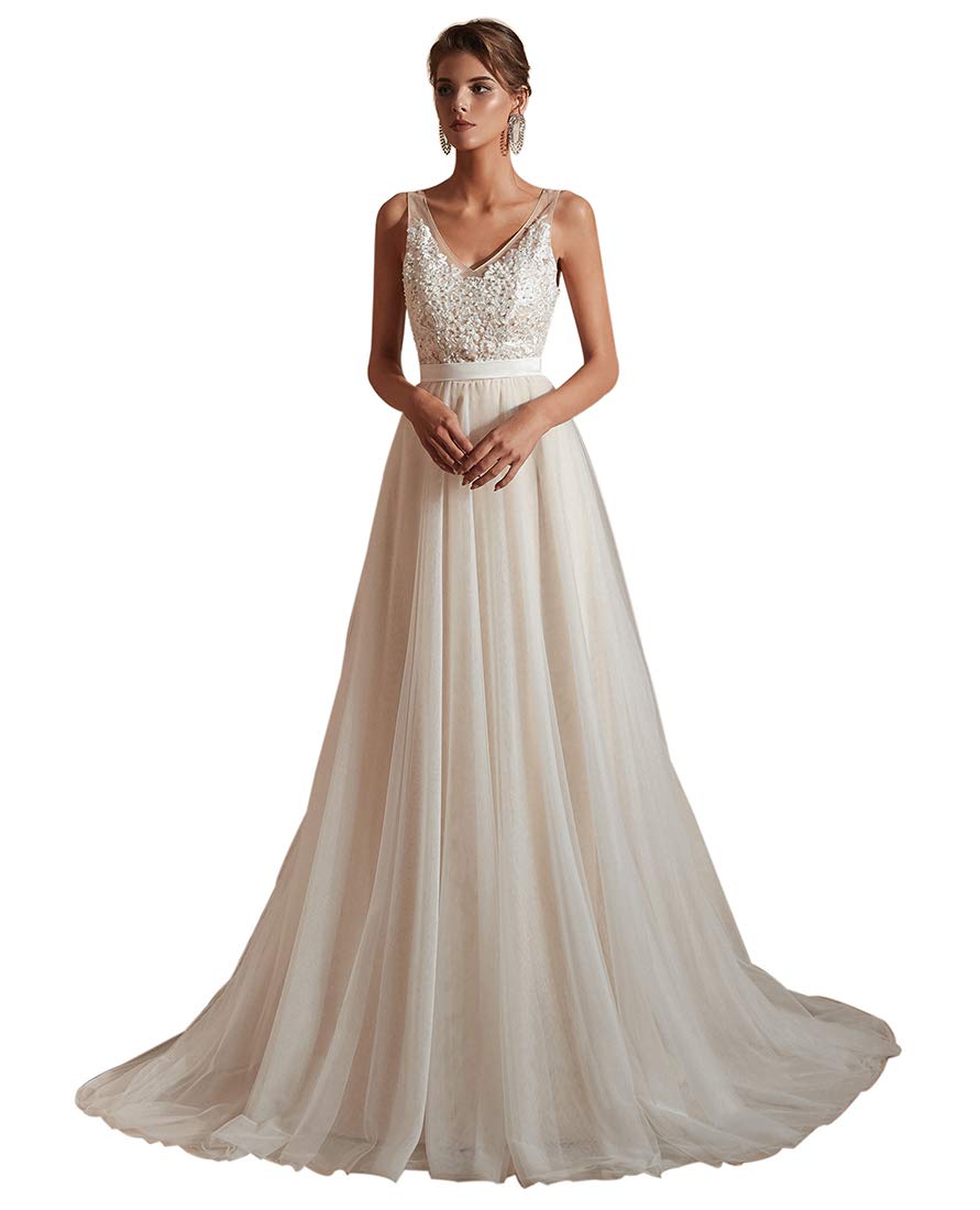 Elegant Women's V-Neck A-Line Lace Tulle Beach Wedding Dress for Bride | Romantic Long Sleeve Bridal Gown | Perfect for Beach, Destination, and Outdoor Summer Weddings