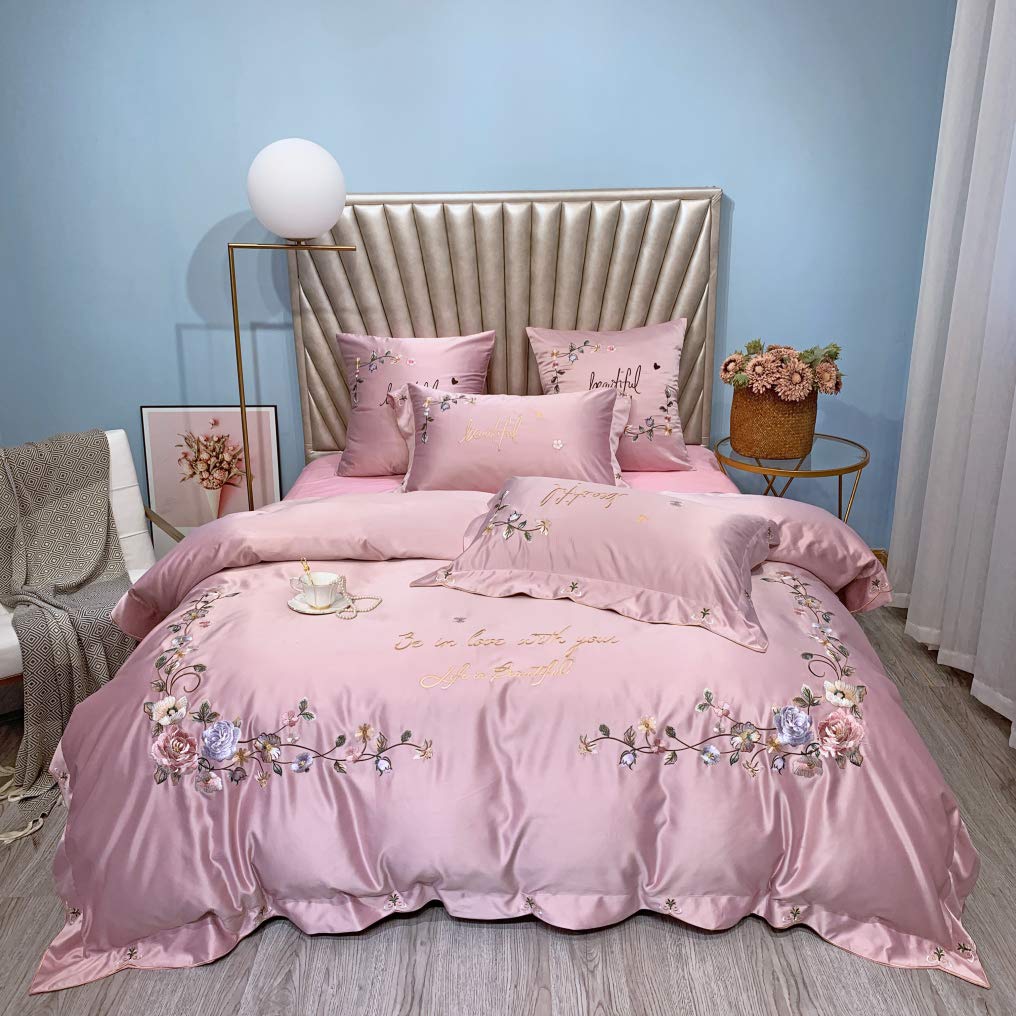 BERTERI Luxury Washed Silk Bedding Set - Queen/King Size 4-Piece Duvet Cover Set with Korean Princess Embroidery | Soft Breathable Bed Sheets for Girls Bedroom Decor | Perfect for Master Bedrooms, Guest Rooms & Luxury Hotels