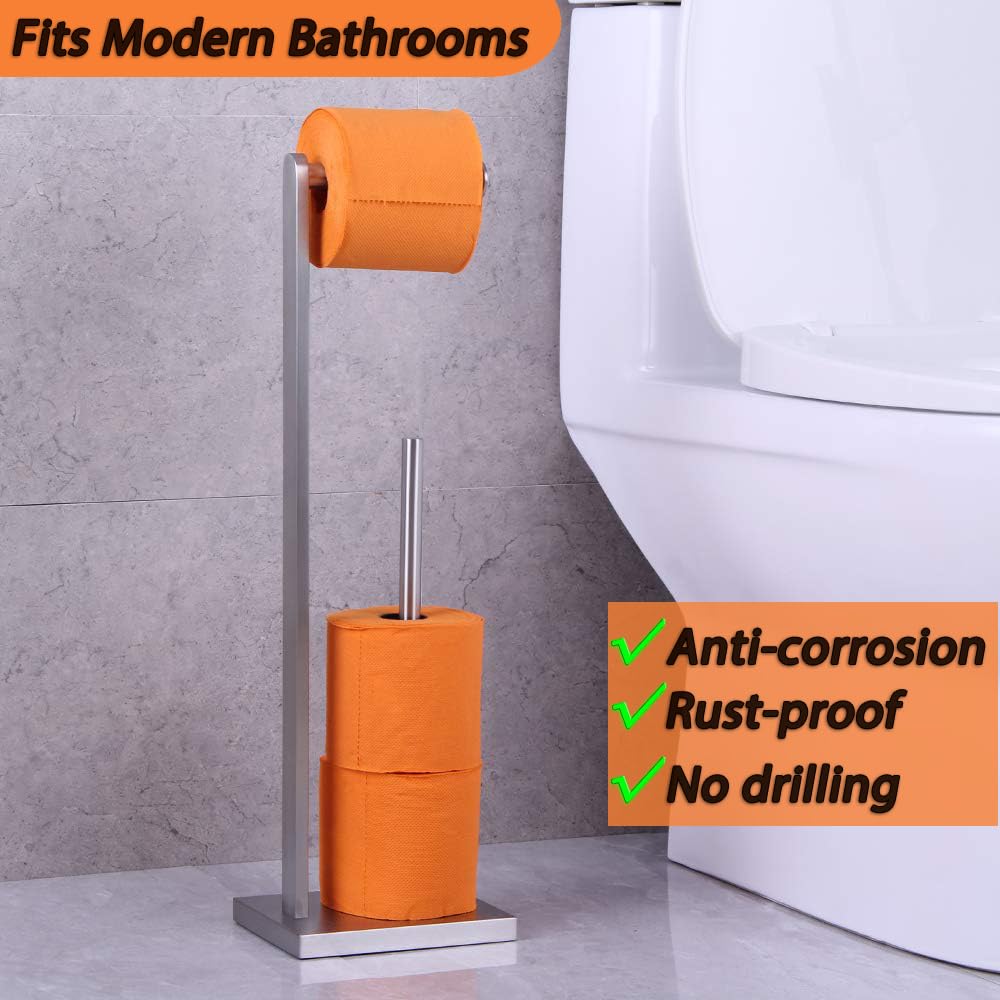 Premium GERZWY SUS 304 Stainless Steel Free Standing Toilet Paper Holder - Brushed Nickel Finish Bathroom Tissue Roll Stand for Modern Bathrooms, Powder Rooms & Guest Toilets - DZY022-LS