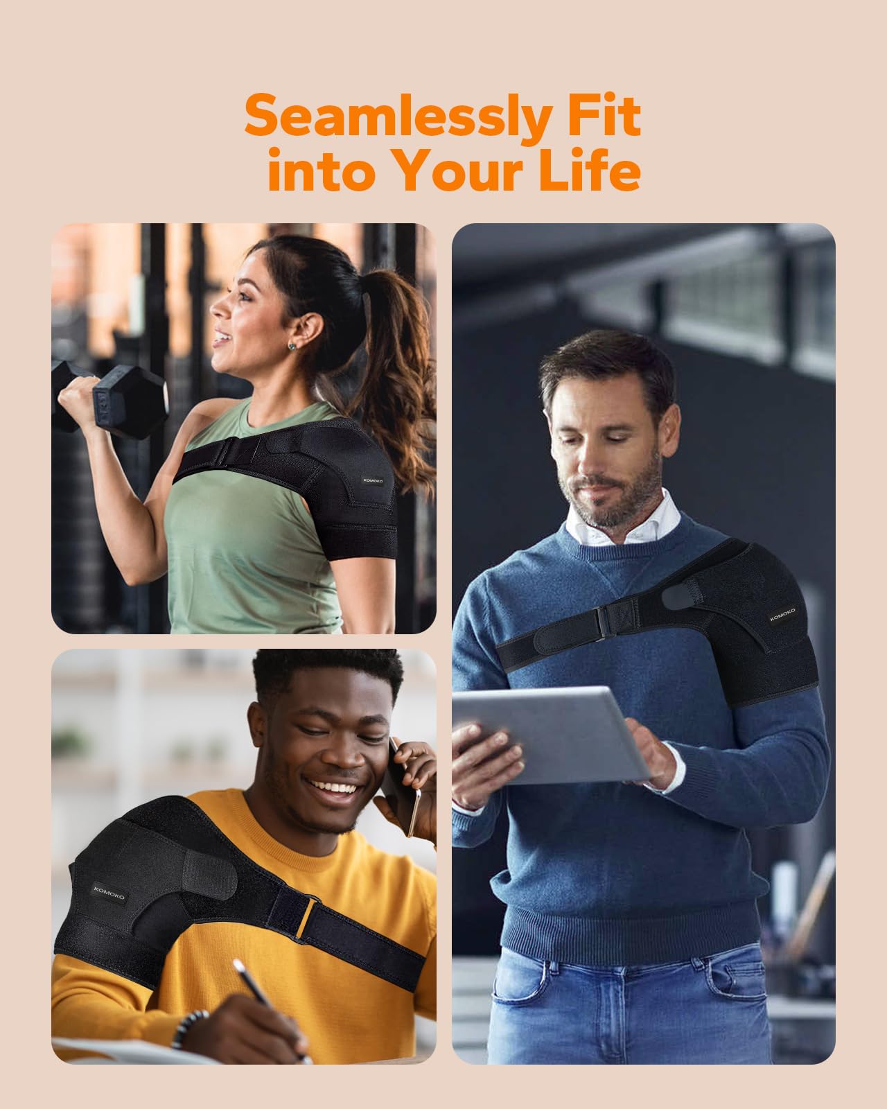Komoko Shoulder Brace - Adjustable Rotator Cuff Support & Arm Sling for Pain Relief - Shoulder Compression Sleeve for Strains & Dislocation Prevention - Fits Left/Right Arm for Men & Women - Ideal for Sports Injuries, Post-Surgery Recovery & Daily Support