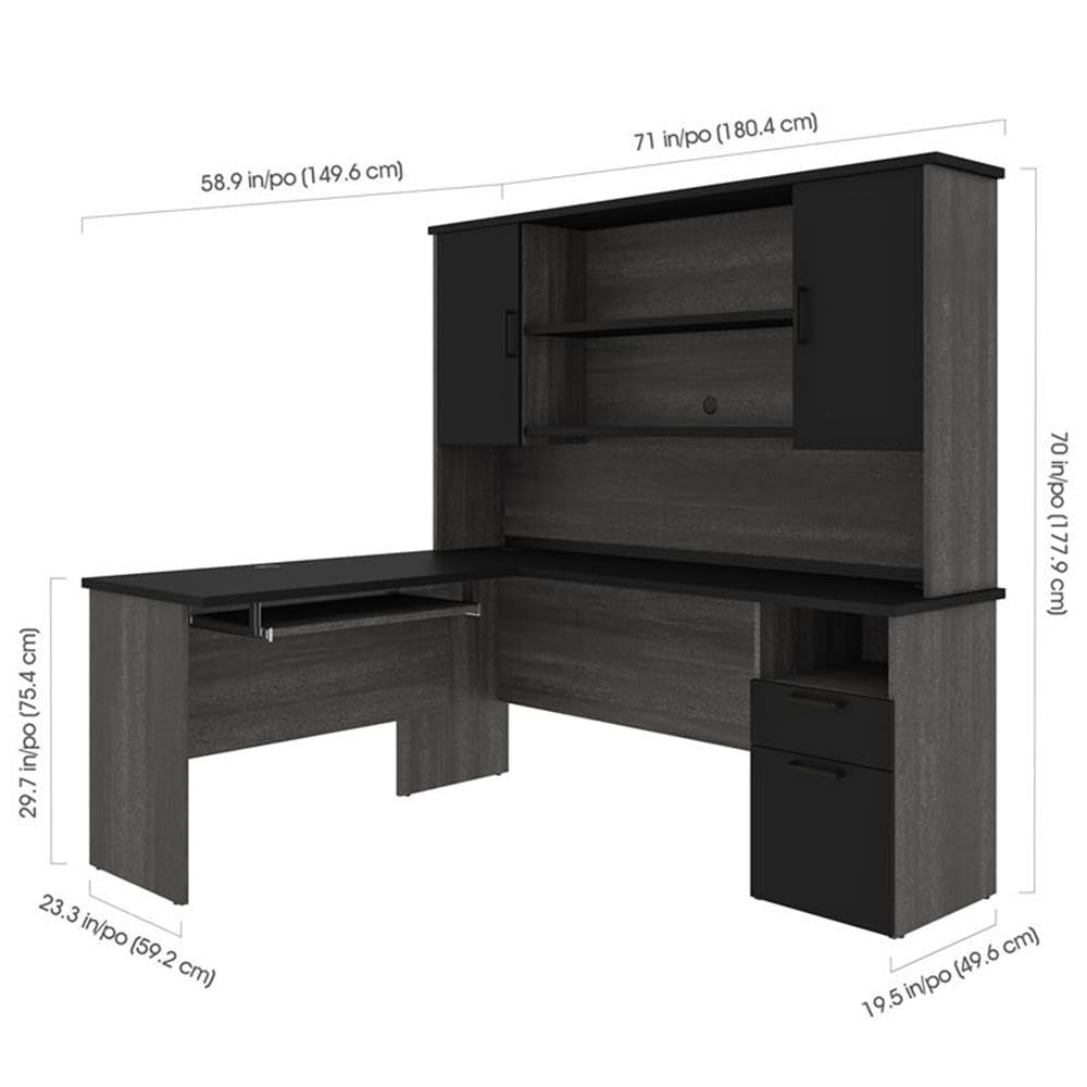 Modern L-Shaped Computer Desk with Hutch - Black & Bark Gray Finish for Home Office, Gaming & Workspace - Spacious Workstation with Storage Shelf & Keyboard Tray