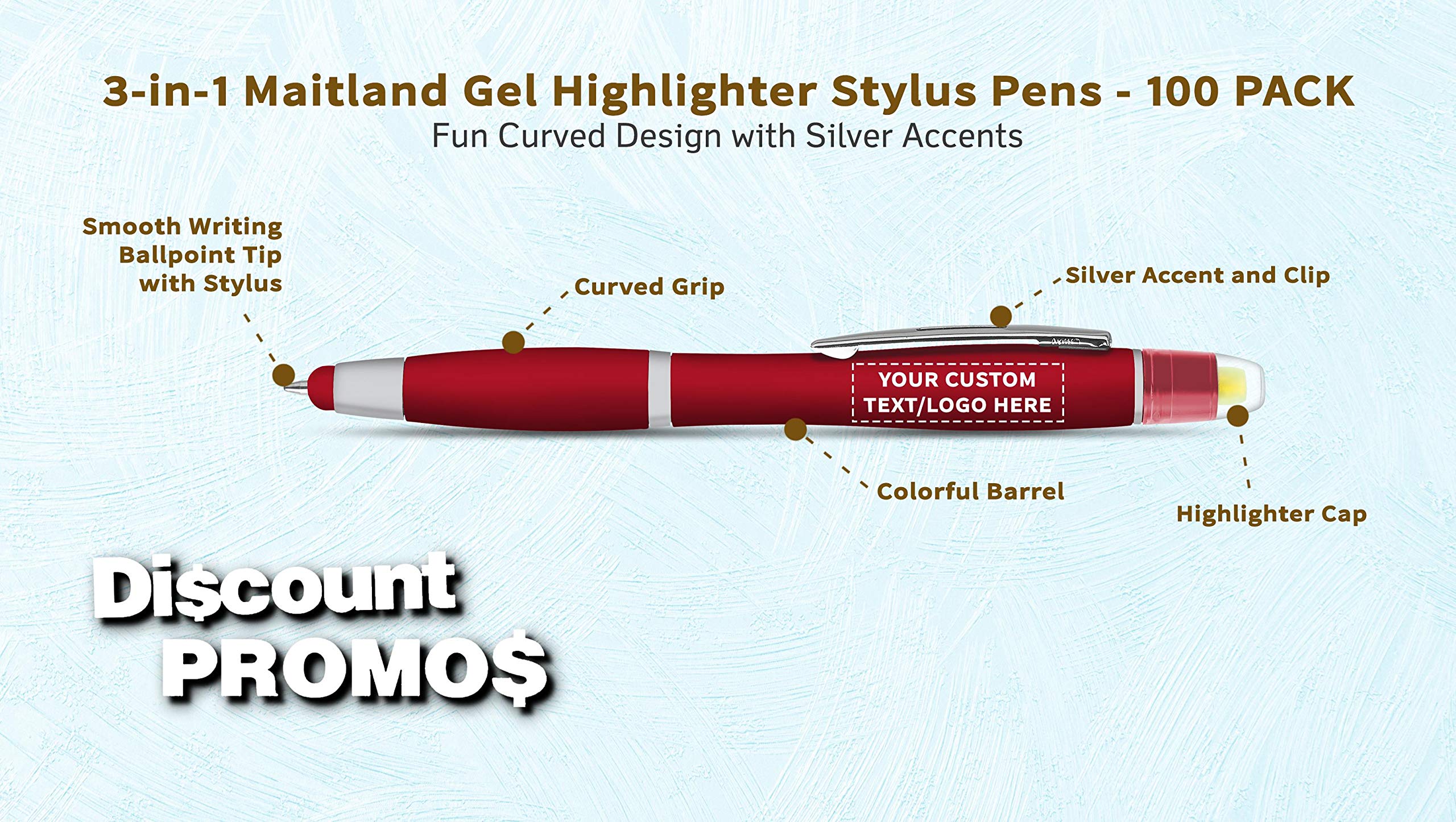 Custom Maitland Gel Highlighter Stylus Pens - 100 Pack Bulk - Smooth Writing, Personalized with Text/Logo - Ideal for Office, School & Note-Taking (Red)