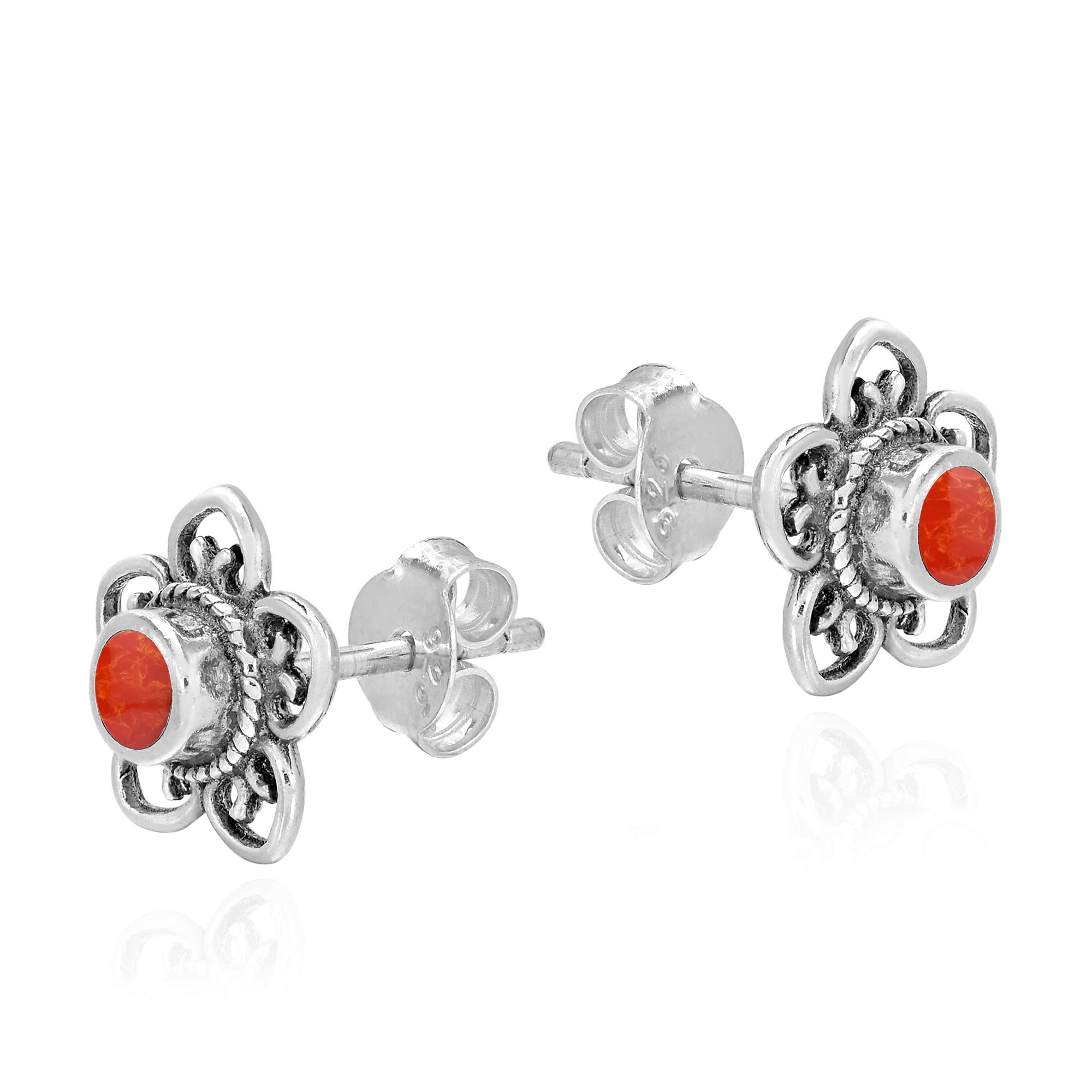 AeraVida .925 Sterling Silver Swirl Heart Petal Flower Reconstructed Red Coral Stud Earrings for Women | Dainty Heart Flower Jewelry | Valentine's Day Gift | Perfect for Date Night, Wedding & Special Occasions