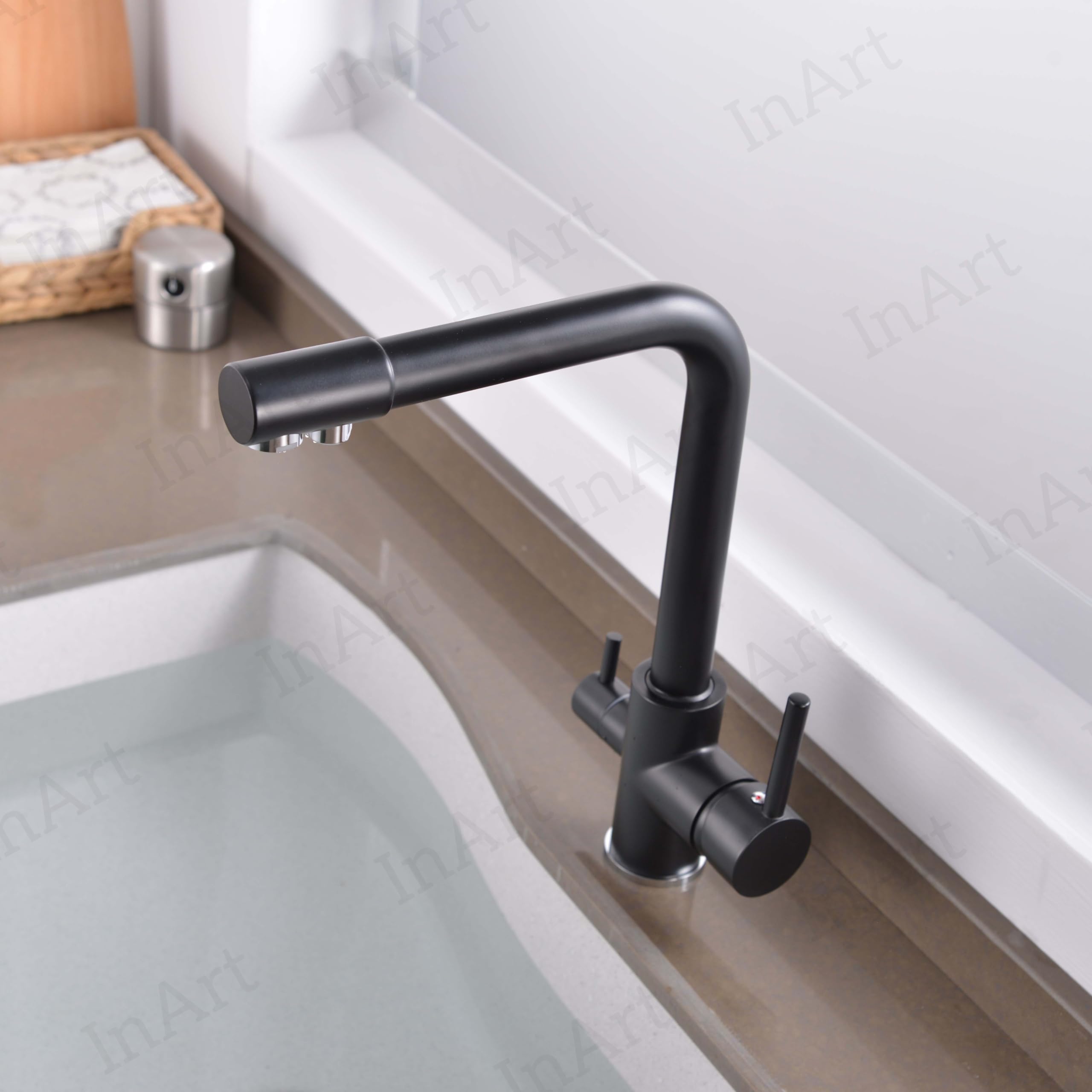 InArt 360° Swivel Kitchen Sink Faucet - Brass Deck Mounted Black with 3-Way Water Filter & Dual Lever Handle - Perfect for Modern Home Kitchen, Restaurant, and RV Use