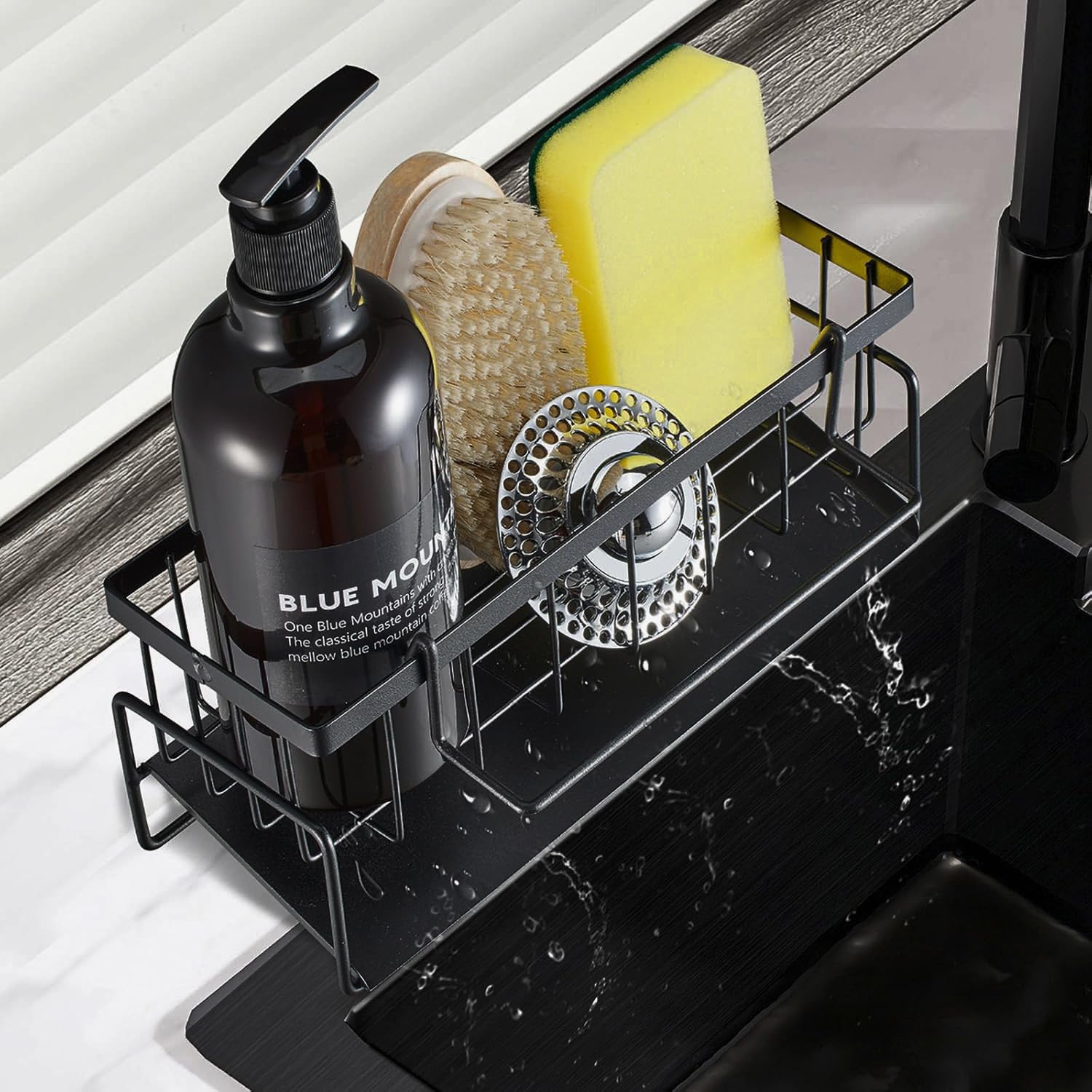 INOVERA Sponge Holder for Kitchen Sink - Dish Soap Brush Organizer Rack Stand - Sink Caddy Organizer (Black) | Perfect for Kitchen Cleaning, Dishwashing & Countertop Storage