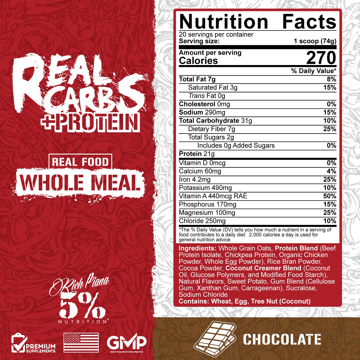 5% Nutrition Rich Piana Real Carbs + Protein Powder | 3.2 lb Chocolate Mass Gainer for Muscle Growth & Recovery | Pre & Post Workout Supplement | Gym, Bodybuilding & Fitness Nutrition | 20 Servings
