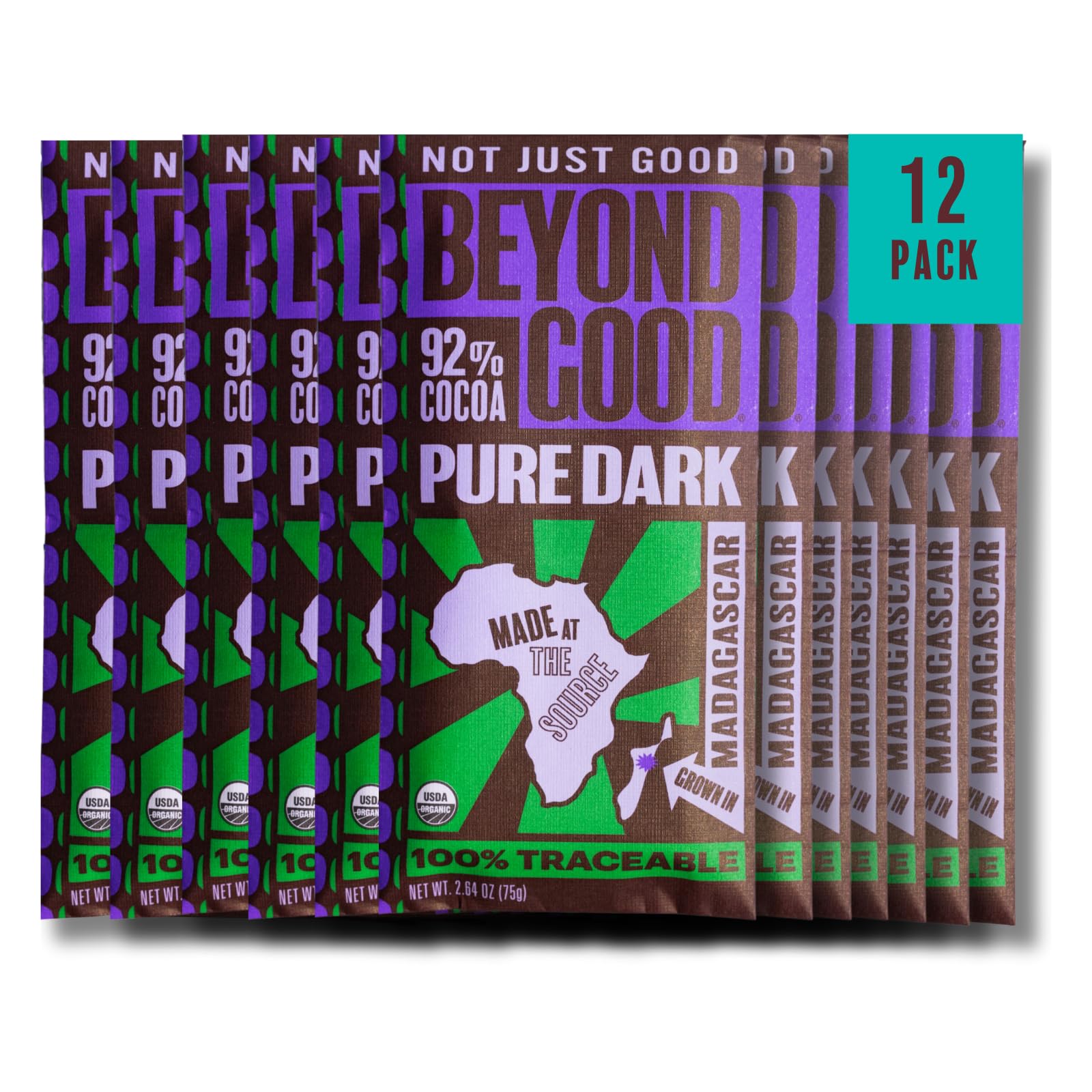 Beyond Good Organic Dark Chocolate Bars 12 Pack | Single Origin Uganda 92% Dark Chocolate | Vegan, Kosher, Non-GMO, Direct Trade | Perfect for Gifts, Baking & Healthy Snacking