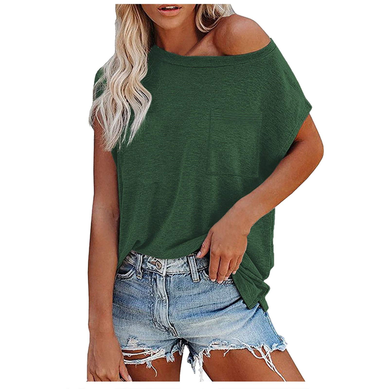 Women's Casual Pocket T-Shirt - Short Sleeve Loose Fit Cotton Top with Chest Color Accent - Perfect for Everyday Wear, Outings & Layering
