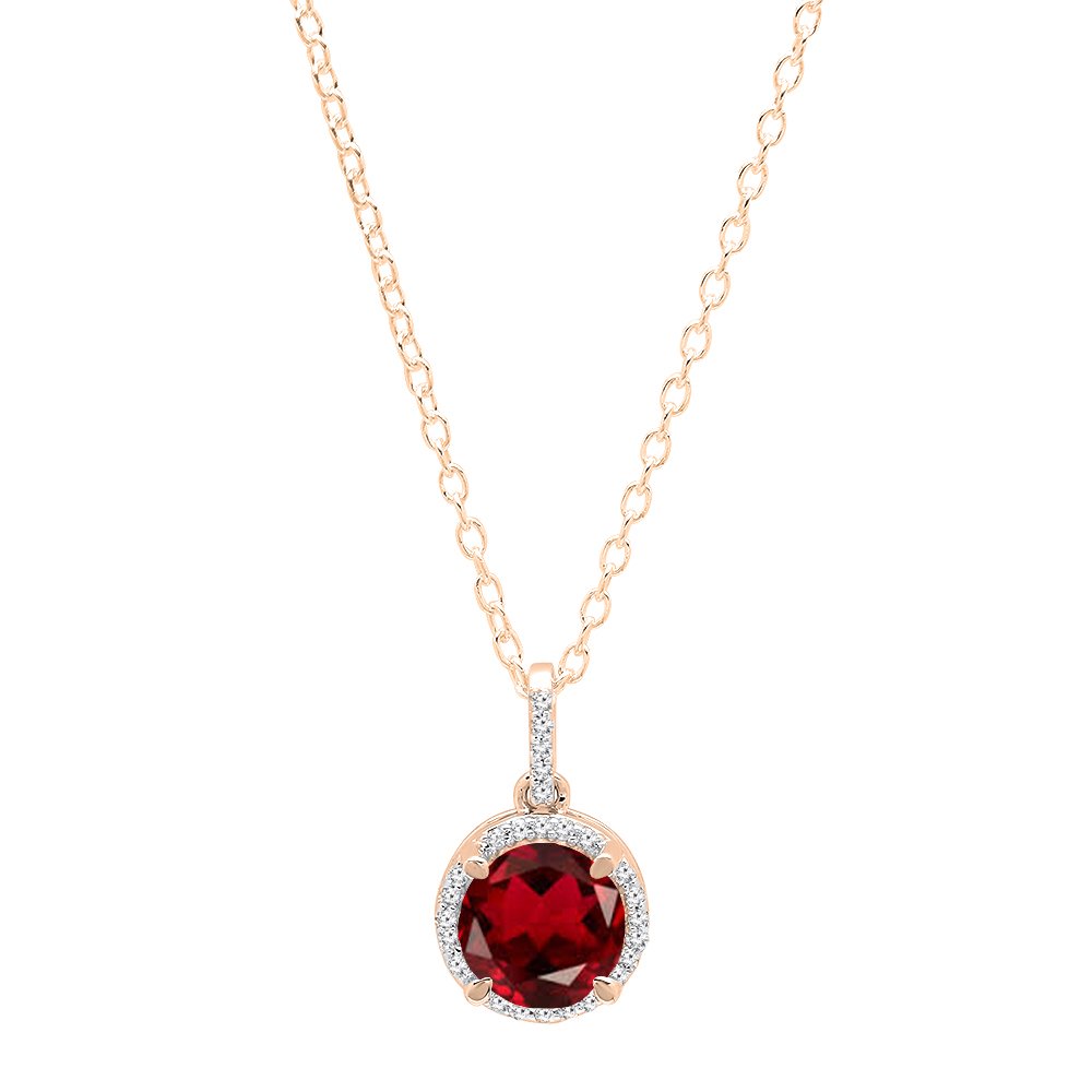 6.5mm Round Gemstone & White Diamond Women's Halo Pendant Necklace - 10K Solid Rose Gold with Chain - Elegant Jewelry Gift for Her - Perfect for Weddings, Anniversaries & Special Occasions