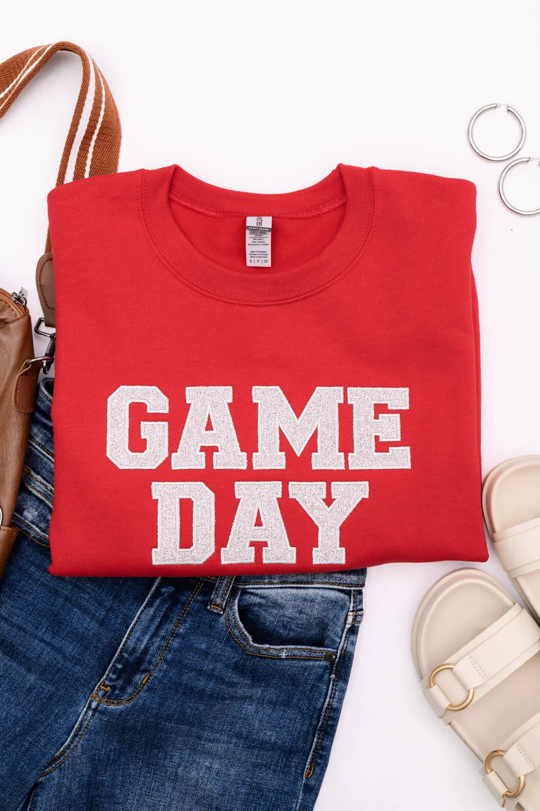 PREORDER: Embroidered Glitter Game Day Sweatshirt - Red & Silver | Perfect for Football Tailgates, College Parties & Sports Fan Apparel