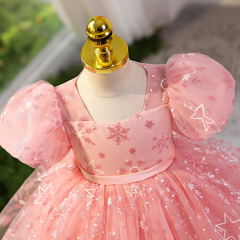 Sparkly Pink Sequin Flower Girl Dress with Puff Sleeves - Elegant A-Line Design for Weddings, Parties & Special Occasions