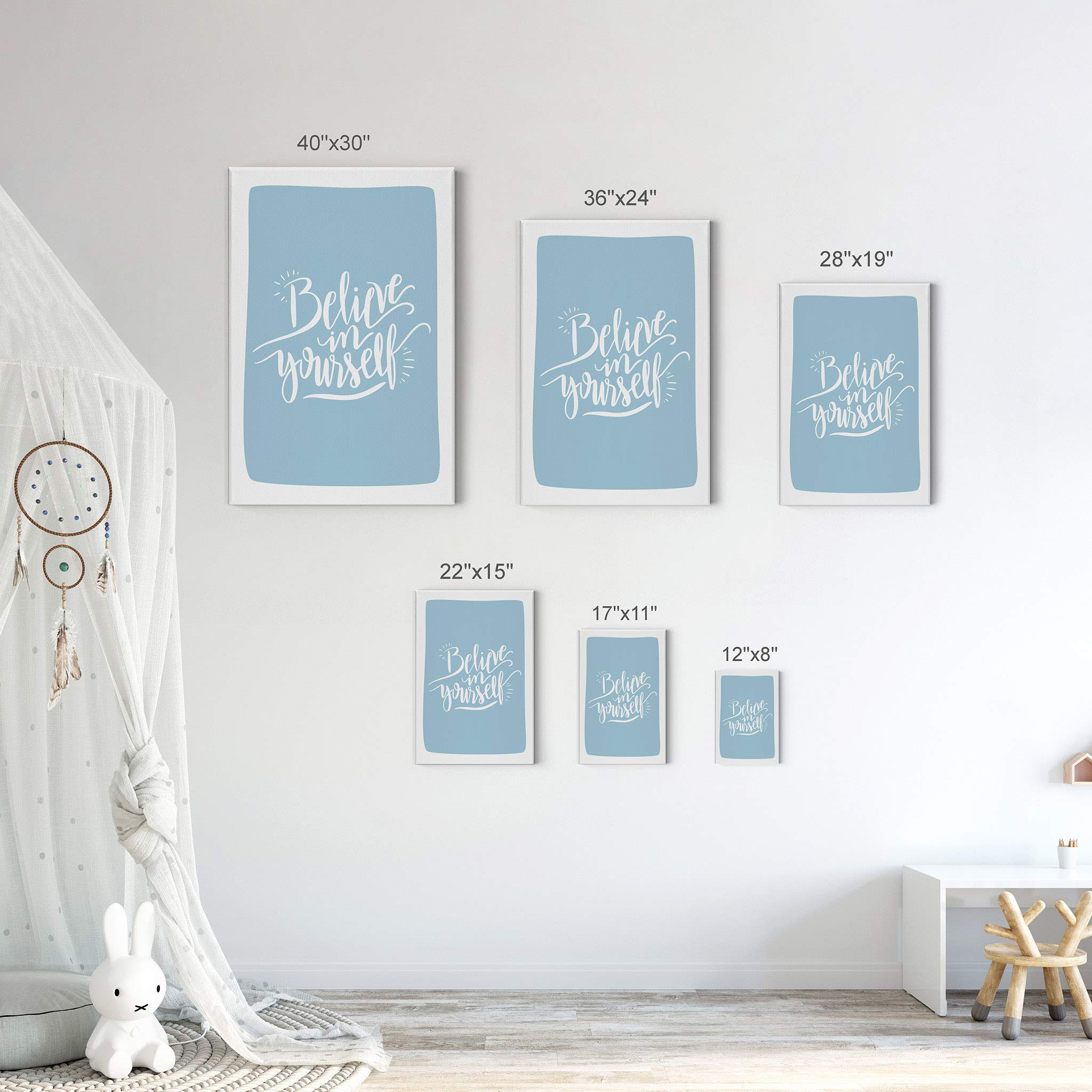 Believe in Yourself Inspirational Wall Art - Blue Canvas Print for Kids Room, Nursery & Baby Room Decor - Ready to Hang Motivational Poster 22x15 Inches - Made in USA | Perfect for Bedrooms, Playrooms & Classrooms
