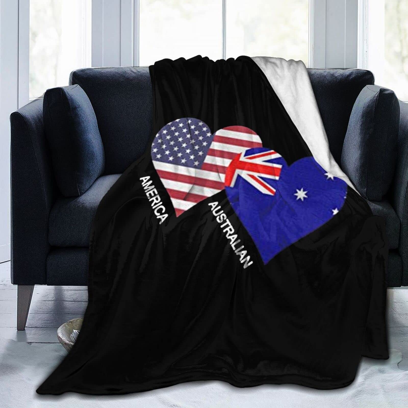 American & Australian Flag Heart Design Soft Micro Fleece Blanket - Cozy Flannel Throw for Sofa, Bed & Home - Anti-Pilling & Ultra Warm - Perfect for Couches, Beds, Picnics & Gift Giving