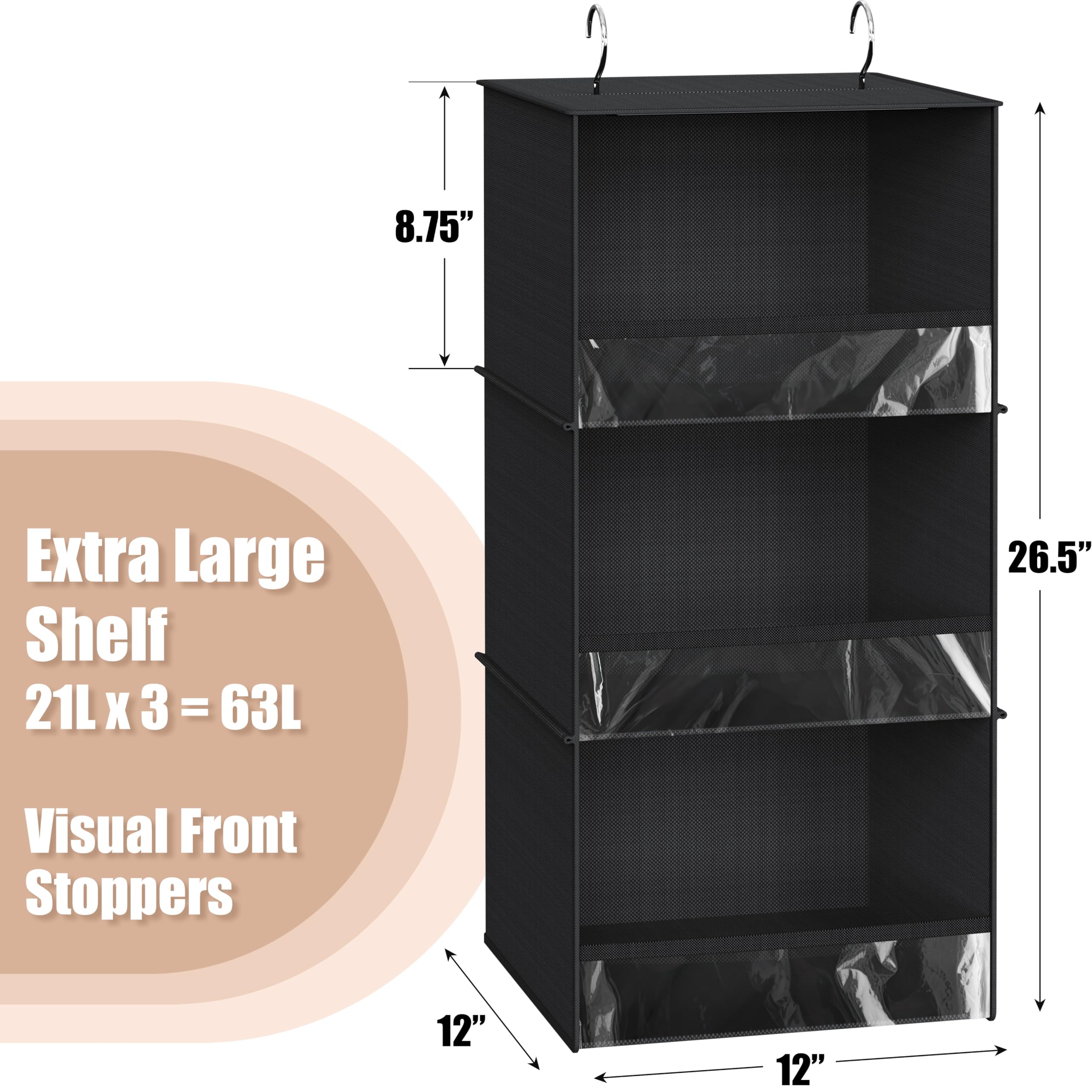 Simple Houseware 3-Tier Hanging Closet Organizer with Front Stopper - Space Saving Storage for Clothes, Shoes & Accessories - Perfect for Bedroom, Closet & Dorm Organization (Black)