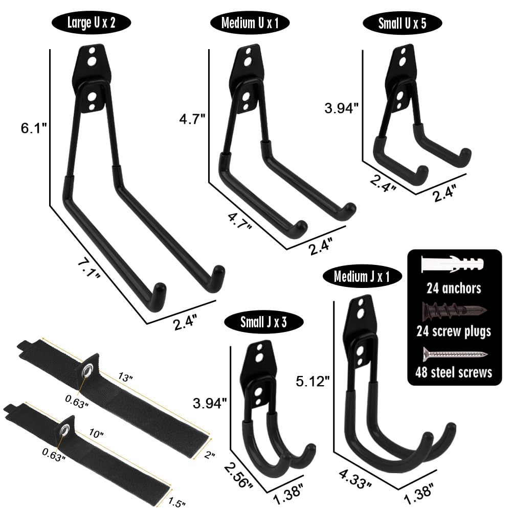 Remiawy 14 Pack Heavy Duty Garage Storage Hooks - Steel Wall Mounted Utility Hooks with Anti-Slip Coating for Organizing Garden Tools, Ladders, Bikes & Bulky Items - Perfect for Garage, Shed & Workshop Organization