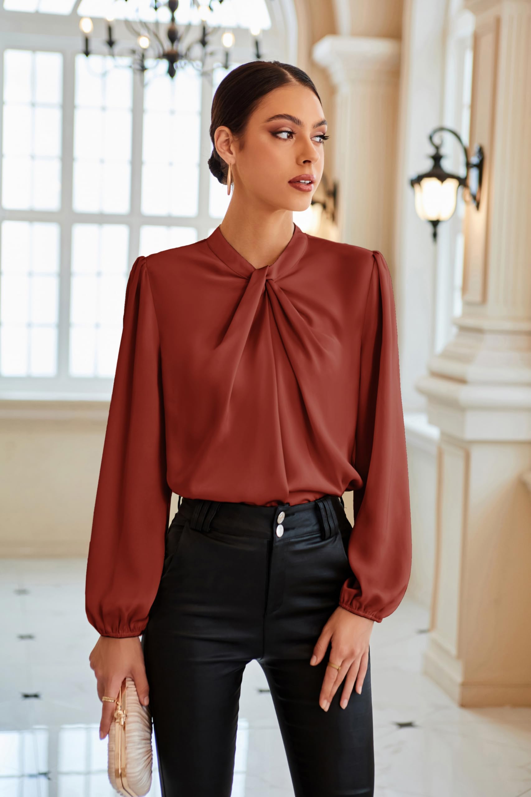 GRACE KARIN Women's Long Sleeve Satin Blouse - Mock Neck Casual Shirt for Business Office Work | Professional Workwear & Formal Occasions Outfit