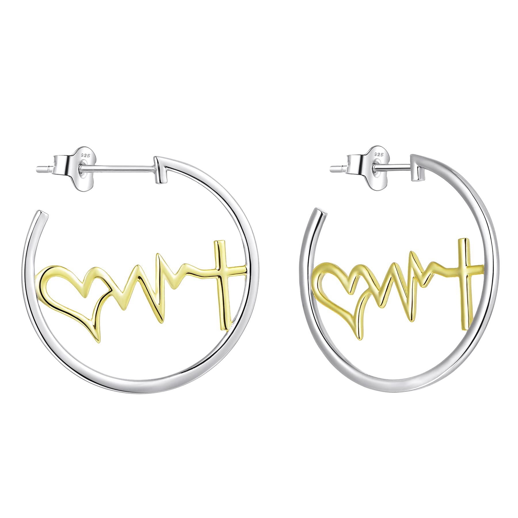 FJ Women's Cross Hoop Earrings - Sterling Silver Faith Jewelry for Nurses & Doctors - Medical Heartbeat Love Design | Perfect for Work, Church & Everyday Wear