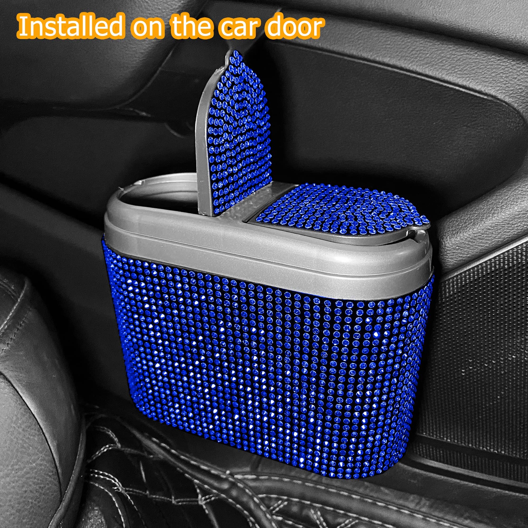 **Sparkling Crystal Car Trash Can with Lid - Hanging Waterproof Auto Garbage Bin for Car, Office, Home & Bedroom - Mini Bling Trash Bag for Desktops & Vehicles (Blue)**    *(Perfect for road trips, daily commutes, office desks, bedrooms, and keeping your space clean & stylish!)*