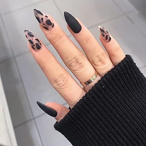 DOCVOEOMH Short Medium Almond Press on Nails - Black Fake Nails Kit with Leopard Design, 24PCS Reusable Full Cover Gel Nails with Acrylic Glue - Perfect for Women's Gifts, Parties, Weddings & Daily Wear