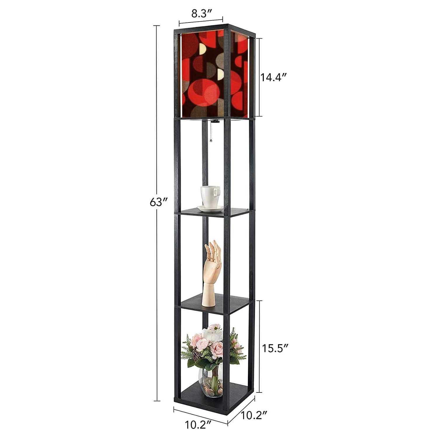 Modern Geometric Standing Lamp with Shelves - Red & Black Vertical Design, Flaxen Fabric Shade - Tall Corner Floor Lamp for Living Room, Bedroom - Perfect for Reading Nook, Home Office Lighting & Aesthetic Decor