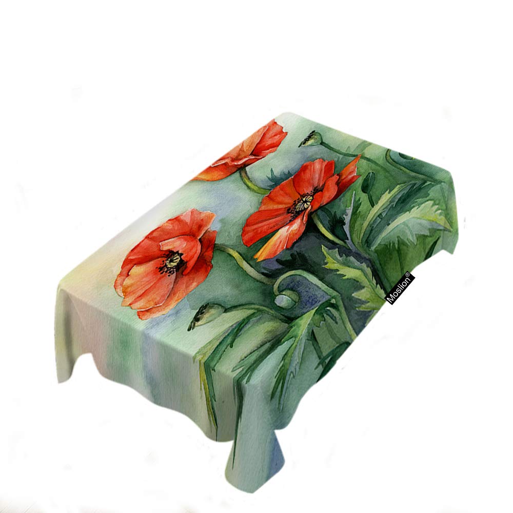 Moslion Watercolor Poppies Red Flowers Vintage Style Rectangular Tablecloth - 60x84 Inch Polyester Picnic & BBQ Table Cover for Kitchen, Dining, Outdoor Parties & Home Decor