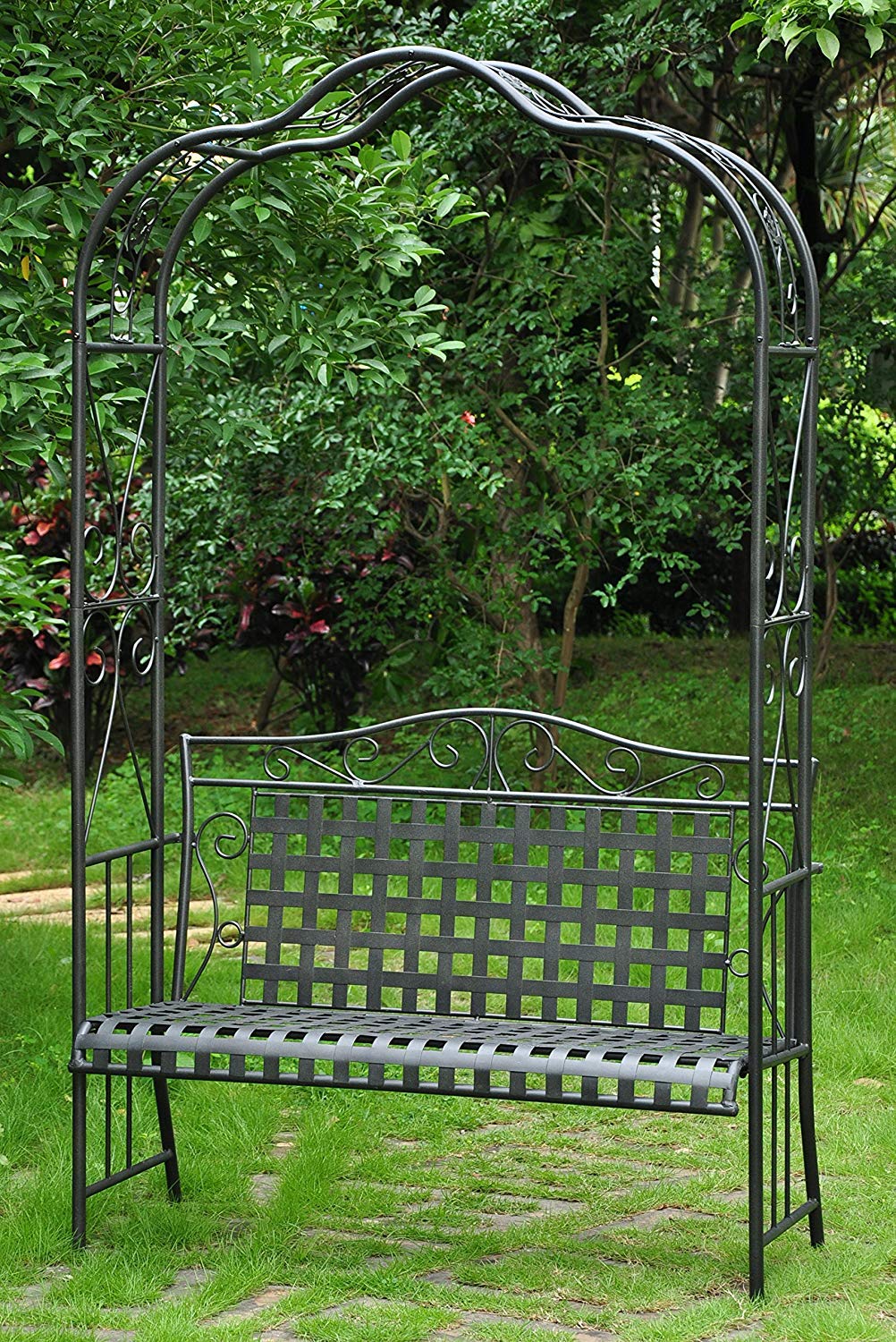 Antique Black Mandalay Iron Patio Arbor Bench - Outdoor Garden Furniture for Backyard, Porch, and Poolside Relaxation