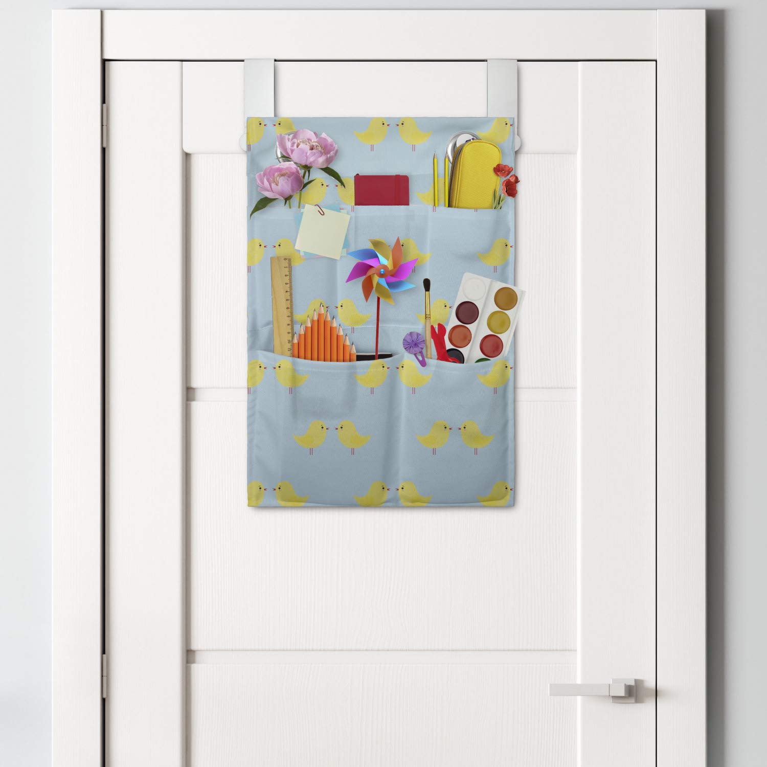 Ambesonne Yellow Bird Hanging Organizer - Cartoon Chickens Design, Polyester Storage Bag with Multiple Pockets, 14