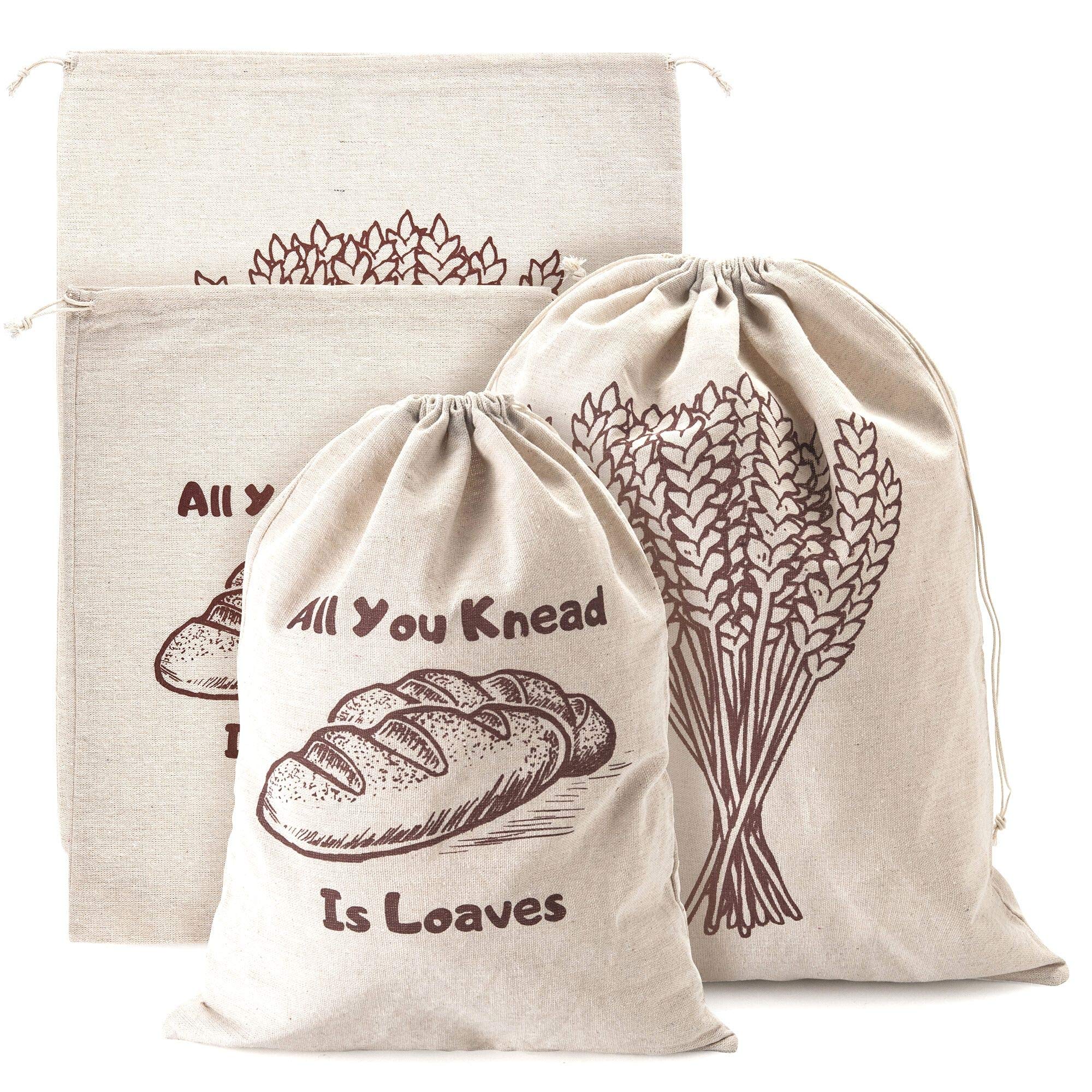 Organic Linen Bread Bags - Set of 4 Large & XL Unbleached Reusable Drawstring Bags for Homemade Artisan Bread, Loaf Storage & Food Preservation | Perfect Eco-Friendly Gift for Bakers & Kitchen Use for Picnics, Farmers Markets & Home Baking