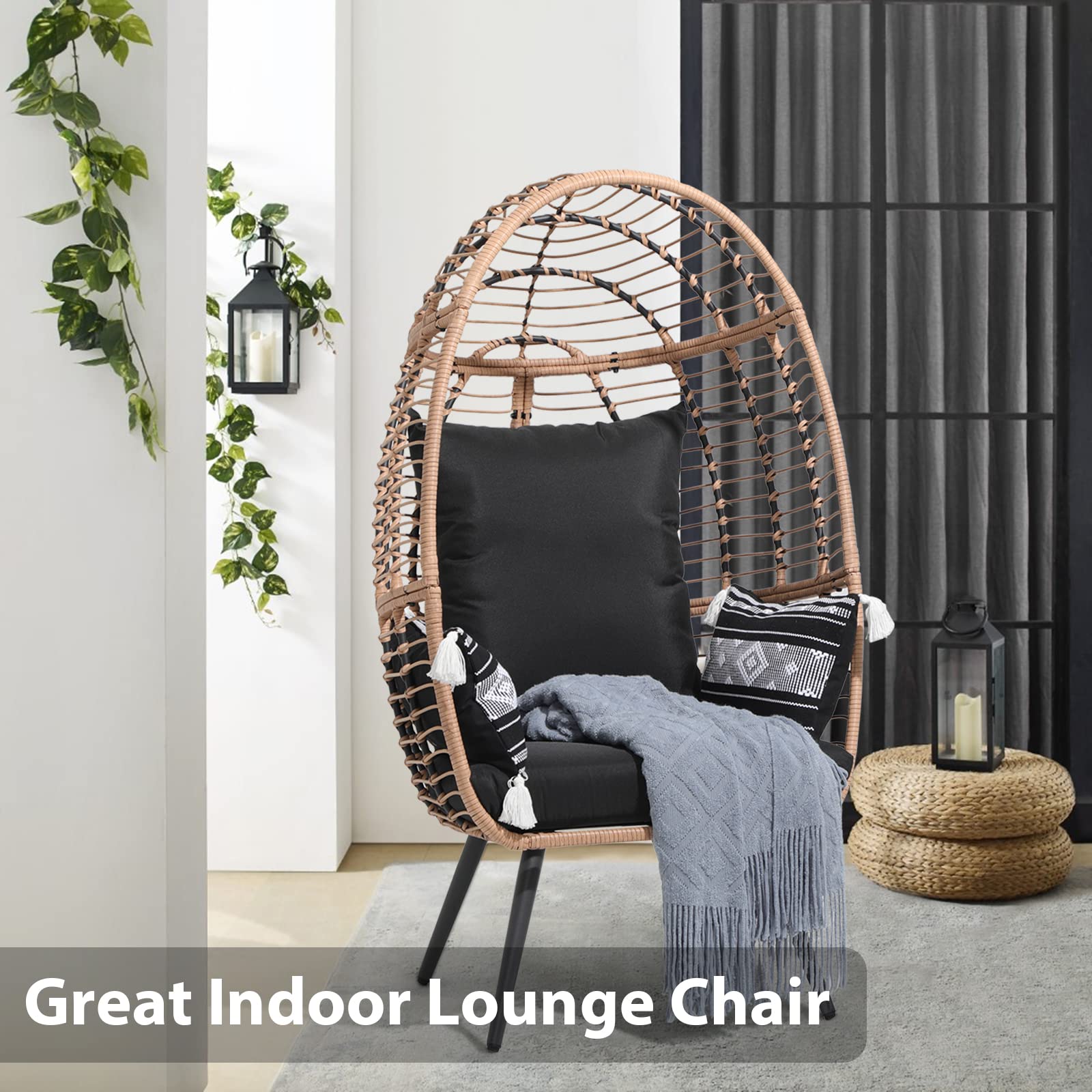 JOIVI Oversized Wicker Egg Chair - Indoor/Outdoor Rattan Hanging Lounger with Stand & Cushions - Patio, Porch, Backyard, Living Room, Balcony Furniture - Perfect for Relaxing, Reading & Sunbathing (Beige Rattan, Black Cushion)