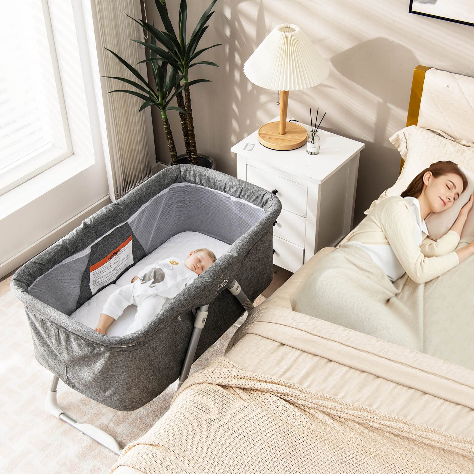 BABY JOY 2-in-1 Rocking Bassinet & Bedside Sleeper with Detachable Canopy, Breathable Mesh, Adjustable Height & Travel Bag - Portable Folding Baby Crib for Newborns - Perfect for Nursery, Bedroom & Travel Use