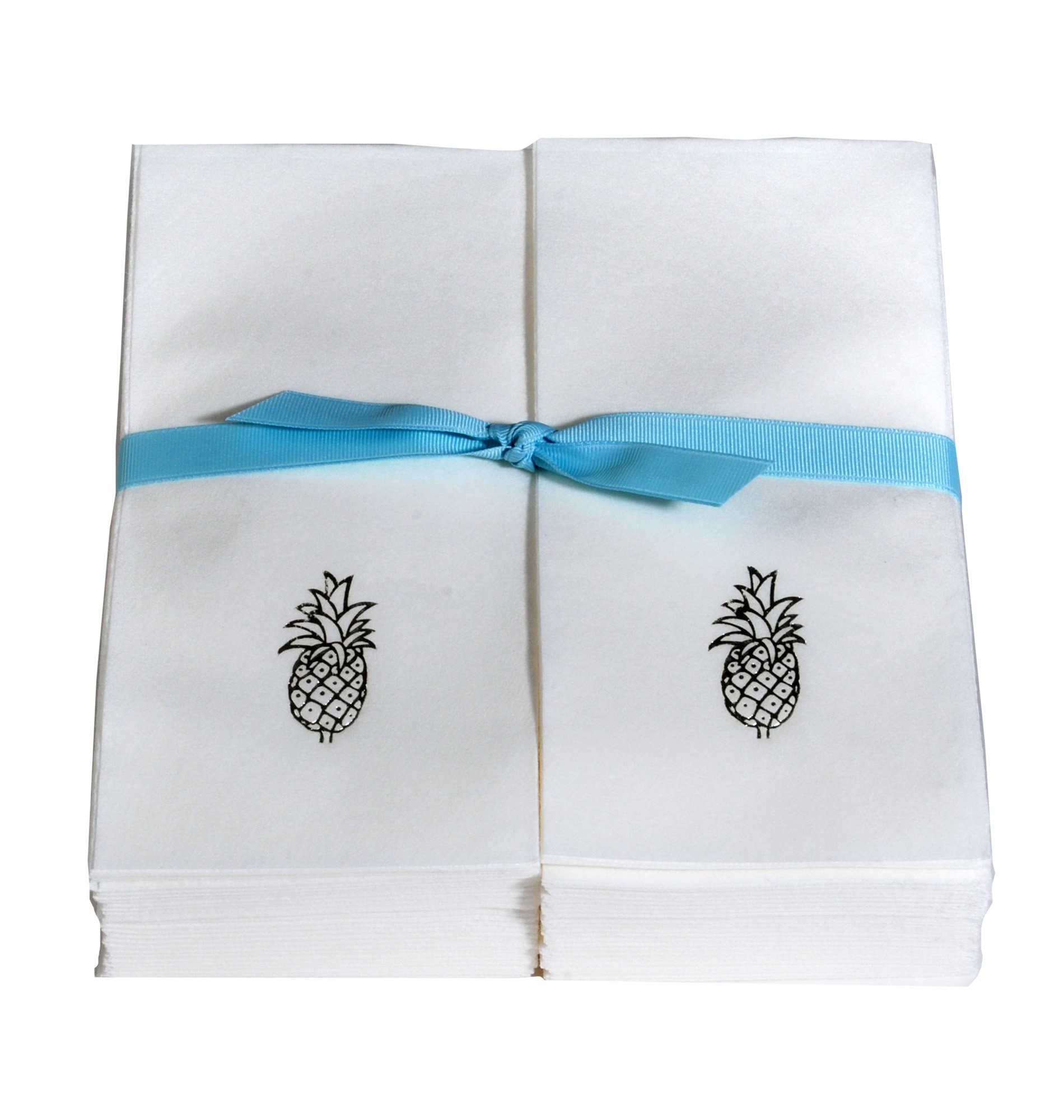 Personalized Disposable Linen Guest Hand Towels with Ribbon - 200 Count Silver Pineapple Design for Weddings, Parties & Luxury Events - Eco-Friendly Paper Towels for Bathroom, Kitchen & Hospitality Use