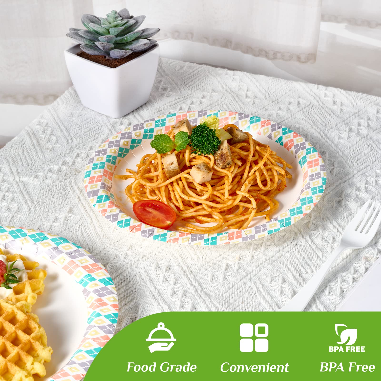 FOCUSLINE 360 Count 8.375 Inch Disposable Paper Plates - Soak Proof, Checkered Pattern Modern Dinner Plates for Meals, Snacks & Parties - Perfect for BBQs, Picnics, Birthday Parties & Family Gatherings