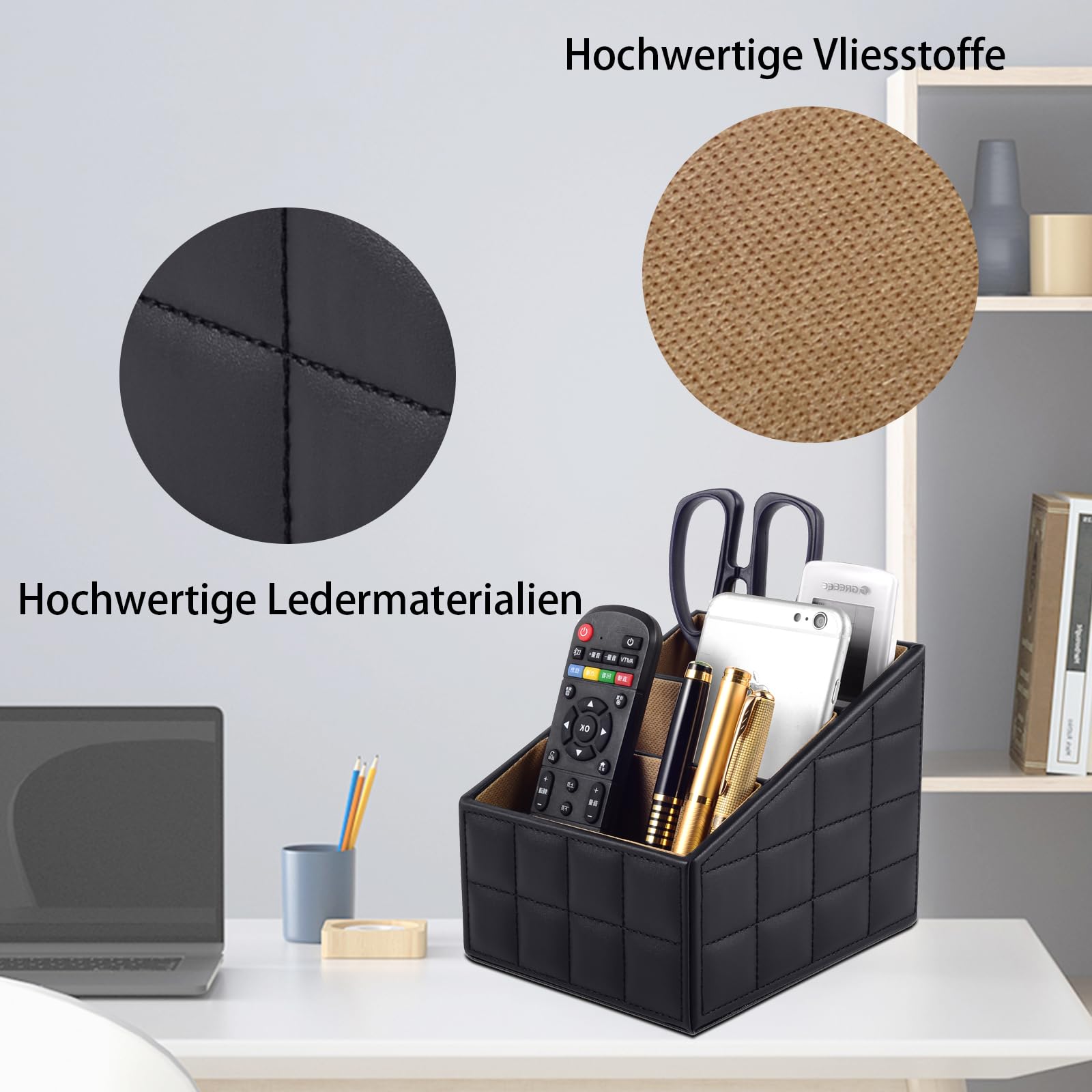 XNONE Leather Remote Control Organizer with 3 Compartments - Multifunctional Nightstand & Desk Organizer for Pens, Glasses, Phones, Makeup - Black Line Design (Perfect for Home Office, Bedroom & Living Room Organization)
