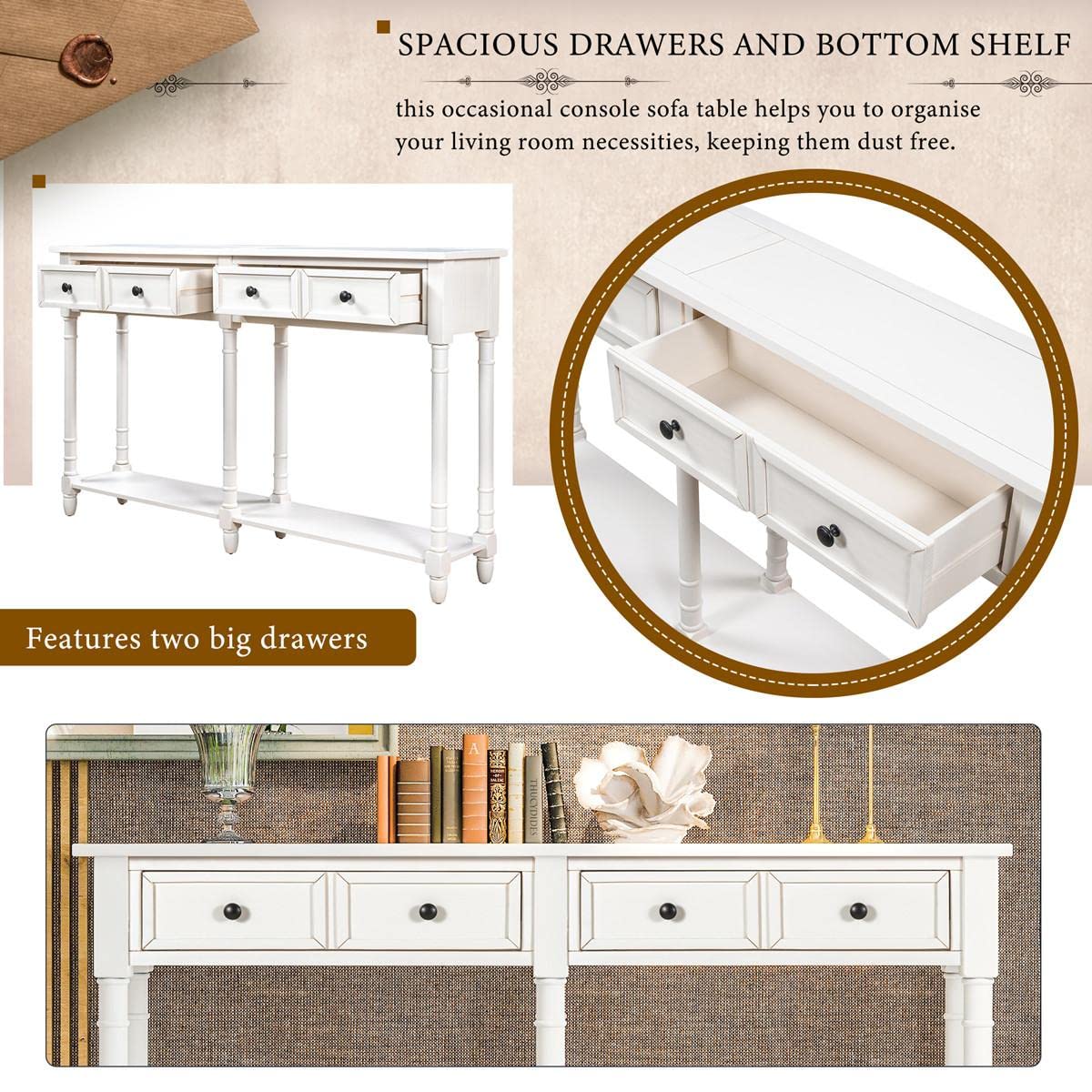 JINS&VICO White Console Table with 2 Storage Drawers & Bottom Shelf - Easy Assembly Entryway Sofa Table for Living Room, Hallway & Bedroom Decor