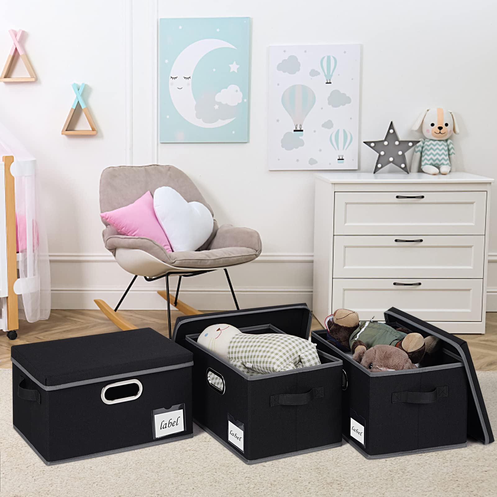 Extra Large Foldable Storage Bins with Lids - Heavy Duty Fabric Storage Baskets with 3 Handles & Labels for Closet, Home, Bedroom, Office Organization - Perfect for Seasonal Clothes, Toys & Household Items (Black)