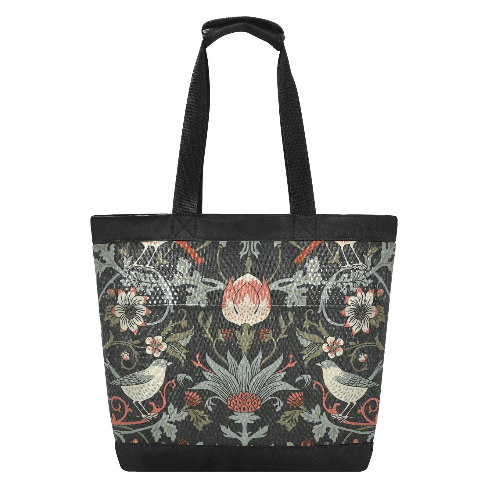 William Morris Floral Bird Print Dark Shoulder Mesh Beach Tote Bag - Large Reusable Nylon Grocery Bag with Zipper for Women - Perfect for Shopping, Travel, Beach & Outdoor Activities