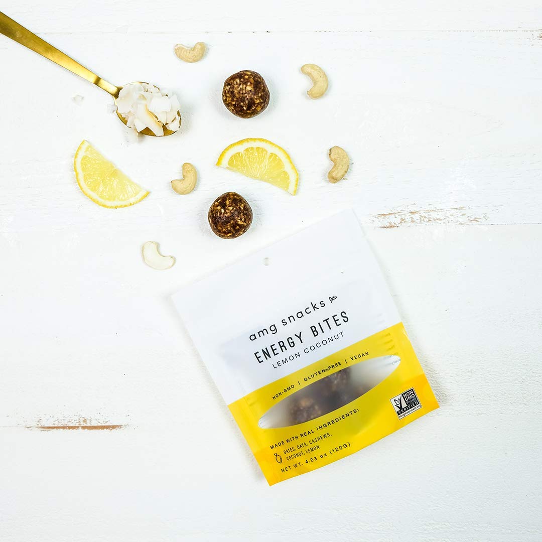 AMG Snacks Lemon Coconut Energy Bites - 4.3oz Pack of 6 (72 Bites) | Vegan Protein Bars with Dates & Nuts | Non-GMO, Gluten Free, All Natural Ingredients | Perfect for Hiking, Workouts & Healthy On-the-Go Snacking