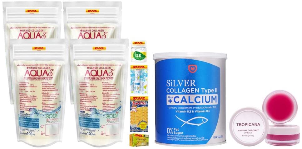 Premium Nano Collagen AquaS 100,000mg x 4 Packets - 100% Pure Amado Silver Collagen Type II with Calcium Supplement - Japanese Formula for Skin & Joint Health - Fast DHL Express Shipping - Perfect for Anti-Aging & Beauty Routine