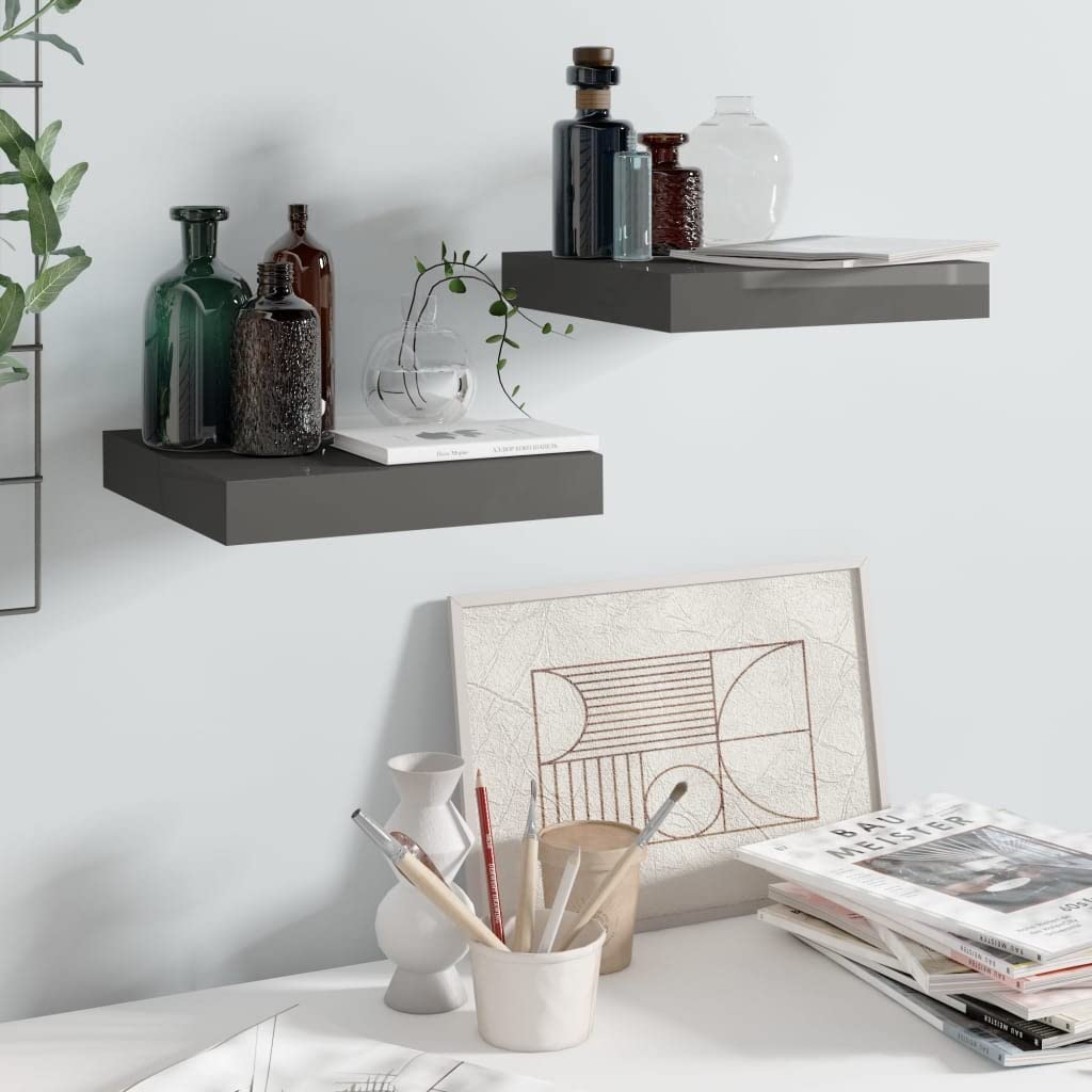 Modern Floating Wall Shelves Set of 2 - High Gloss Gray MDF Wall Mounted Storage Shelves (9.1