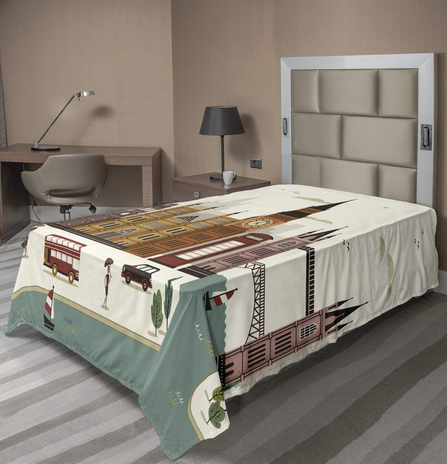 Ambesonne London Themed Flat Sheet - Big Ben & Telephone Booth Scenery, Soft Comfortable Twin Size Decorative Bedding (1 Piece, Multicolor) | Perfect for Travel Lovers & British-Themed Bedrooms