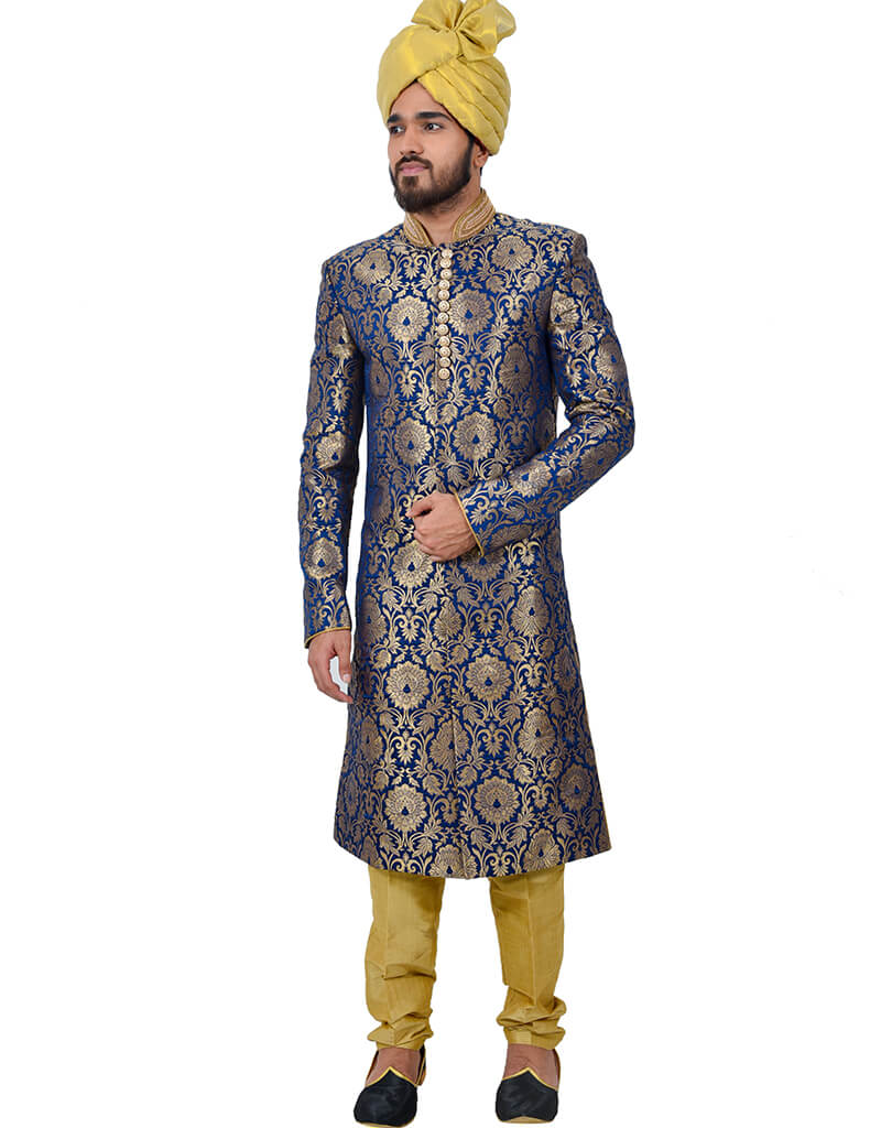 Blue Indo Western Kinkhab Brocade Silk Churidar Suit - Elegant Ethnic Outfit for Weddings, Festivals & Special Occasions