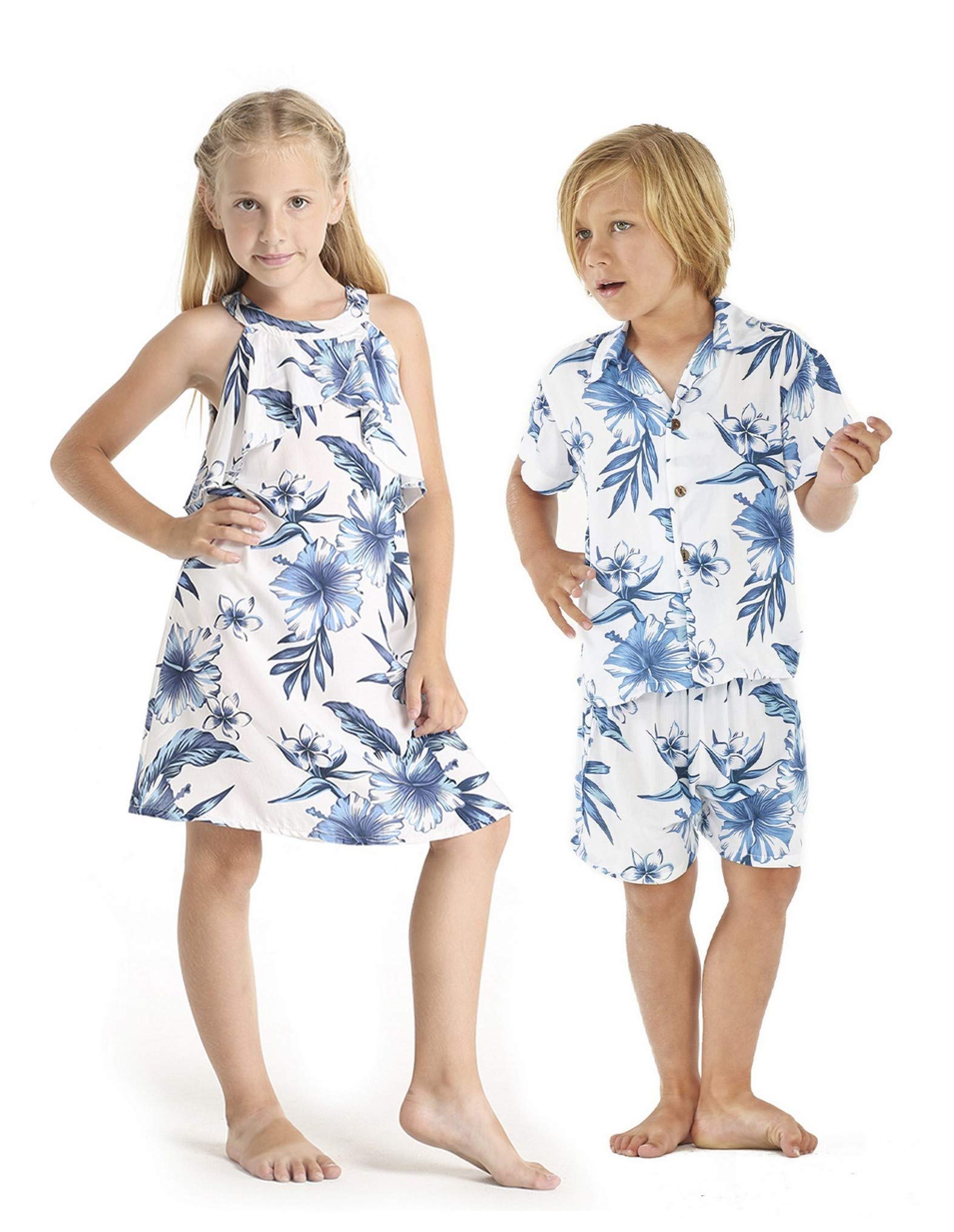 Matching Hawaiian Luau Outfits for Siblings - Tropical Floral Print Boy & Girl Aloha Shirts and Dresses | Perfect for Luau Parties, Family Vacations, and Summer Photoshoots