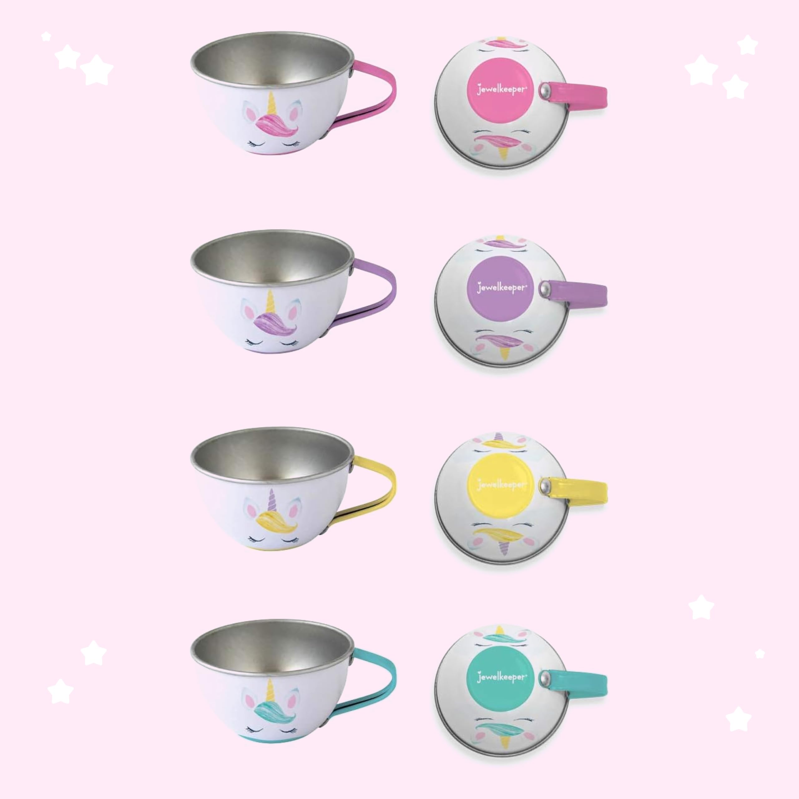 Jewelkeeper 15-Piece Kids Tea Set for Little Girls - Unicorn Design Tin Tea Party Set with Cups, Saucers, Plates & Serving Tray - Pretend Play Princess Tea Time Toy for Toddlers - Perfect for Birthday Gifts, Tea Parties & Indoor Pretend Play