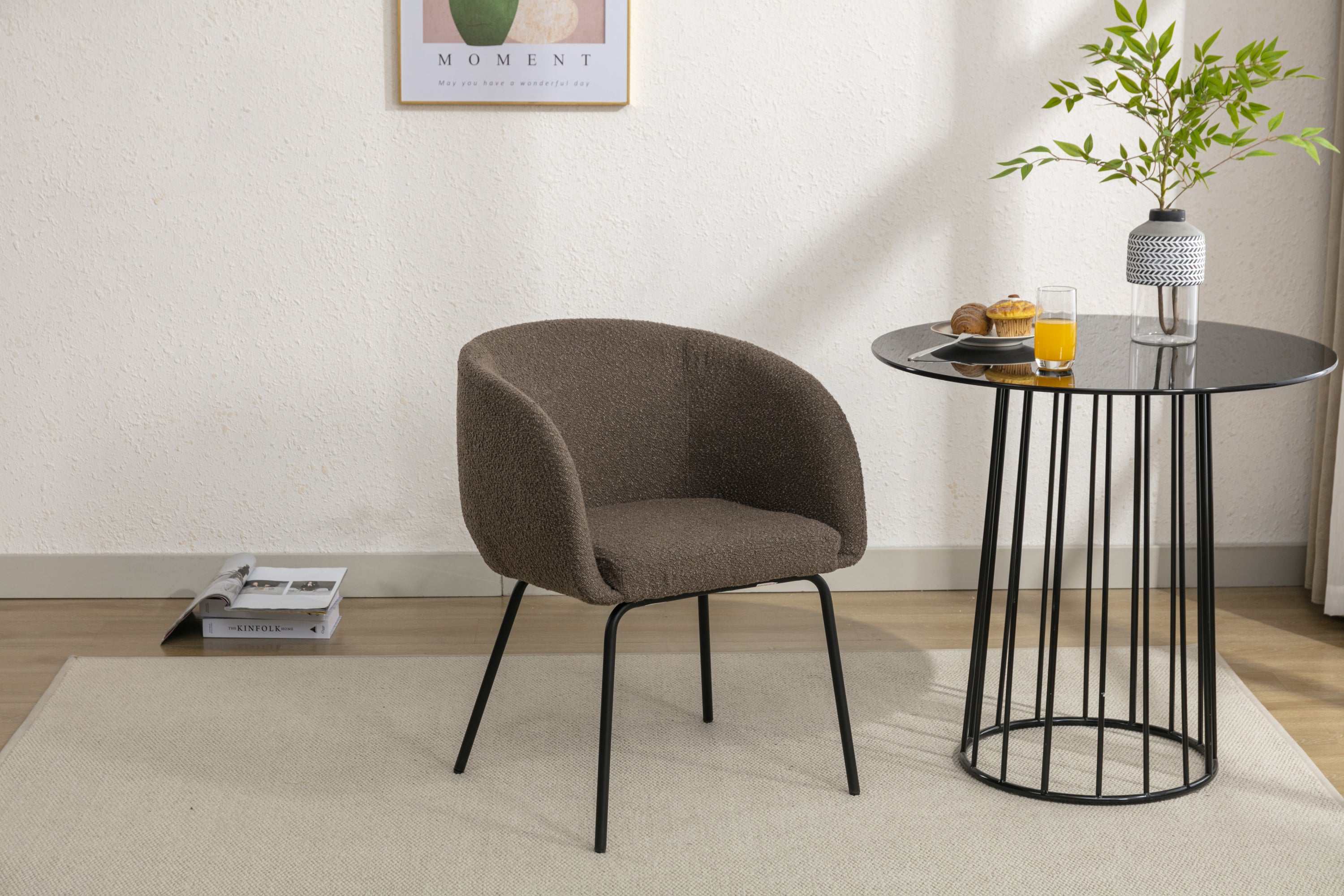 039 Set of 1 Boucle Fabric Dining Chair With Black Metal Legs - Modern Upholstered Accent Chair for Dining Room, Kitchen, Office or Living Room