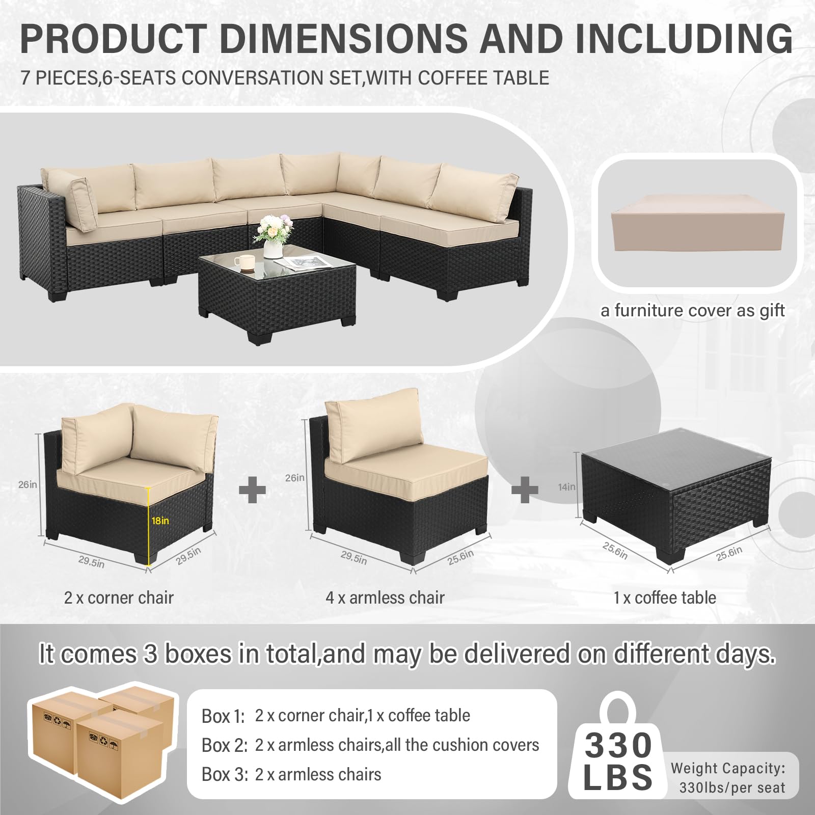 Valita 7-Piece Outdoor PE Wicker Patio Furniture Set - Black Rattan Sectional Sofa with Washable Khaki Cushions | Perfect for Backyard, Poolside & Garden Relaxation