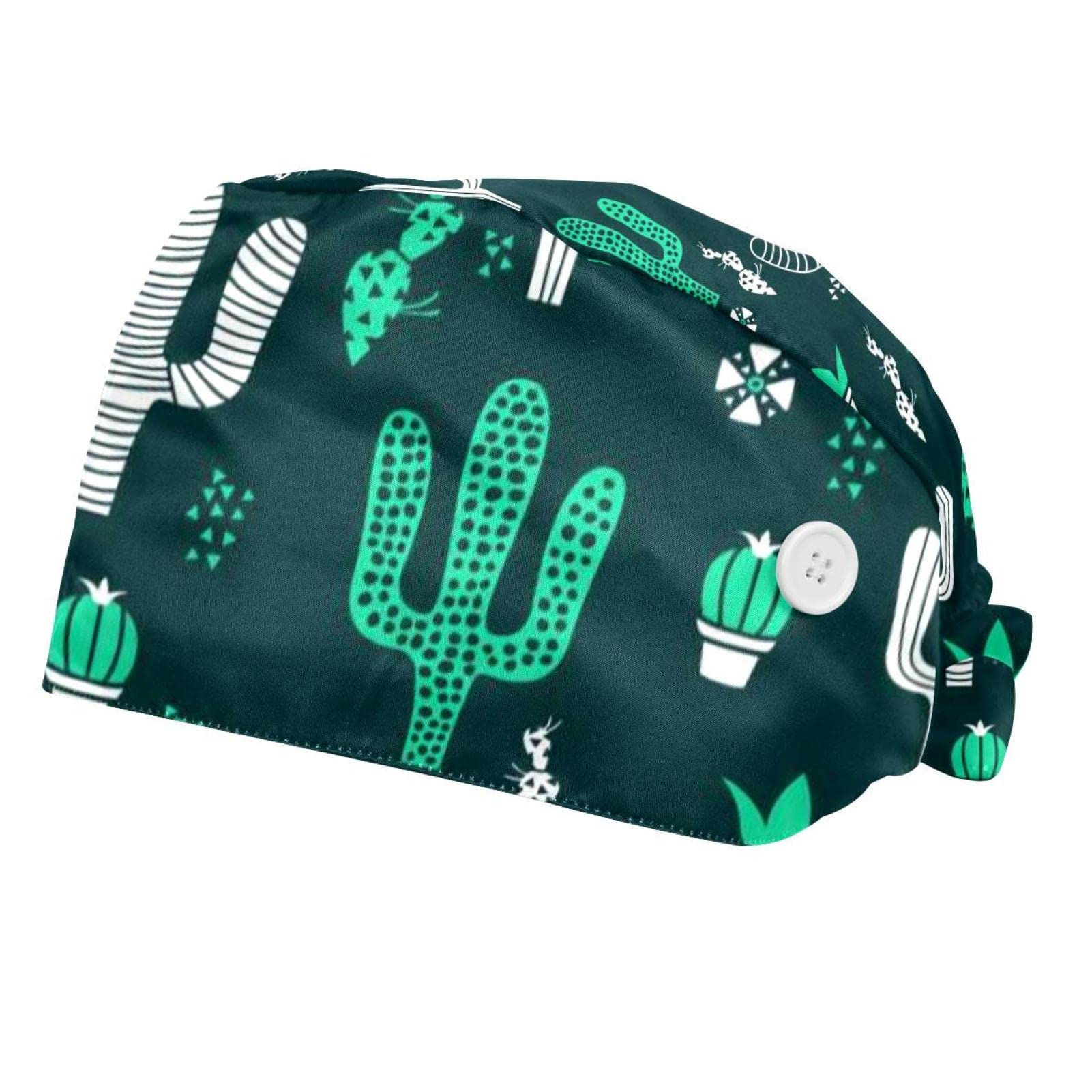 Adjustable Cactus Green Pattern Work Cap with Buttons & Sweatband - Unisex Tie-Back Bouffant Hat for Men & Women - Perfect for Outdoor Work, Gardening, and Sun Protection